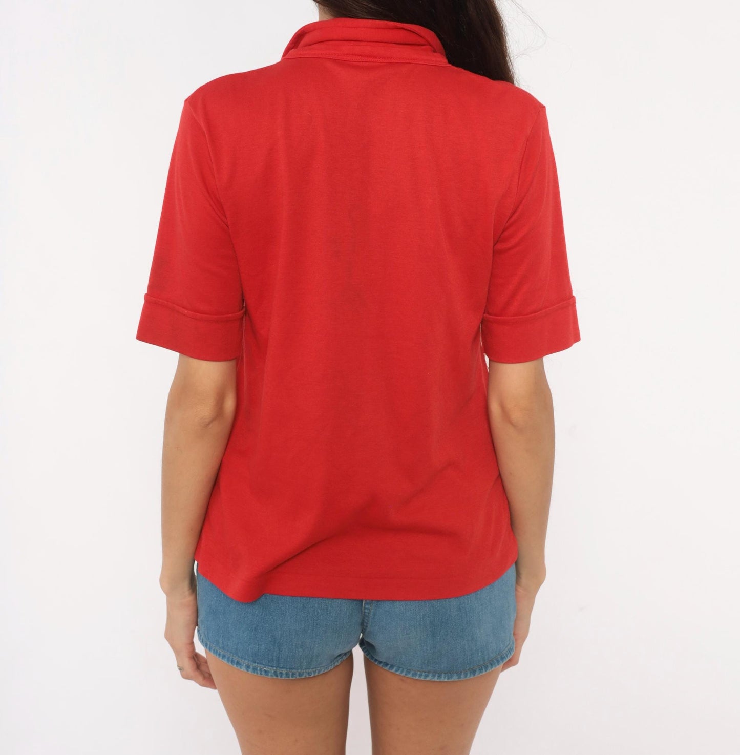 70s Red Polo Shirt V-Neck Spread Collar Short Sleeve Pullover Large L