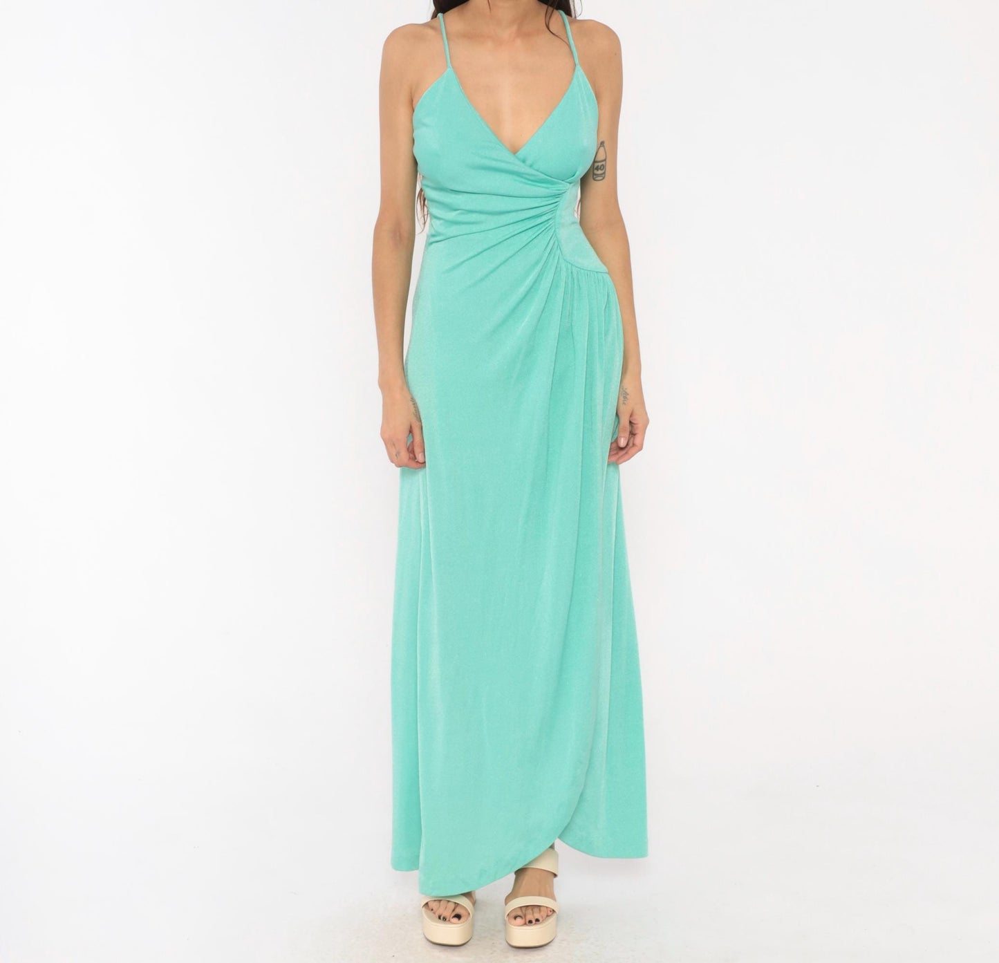 70s Jay Sevens Mint Maxi Dress Spaghetti Strap Wrap V Neck Small