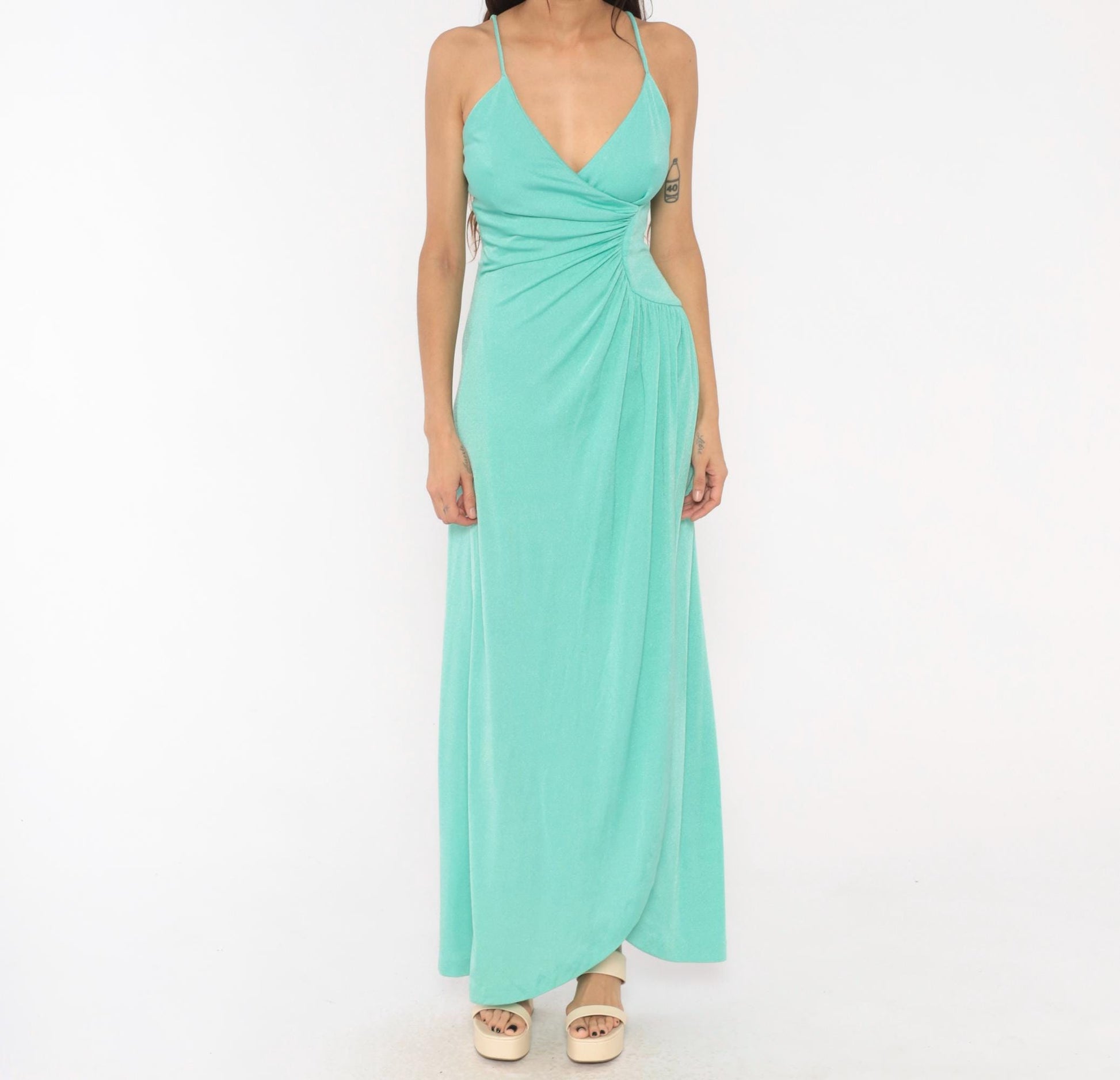 70s Jay Sevens Mint Maxi Dress Spaghetti Strap Wrap V Neck Small