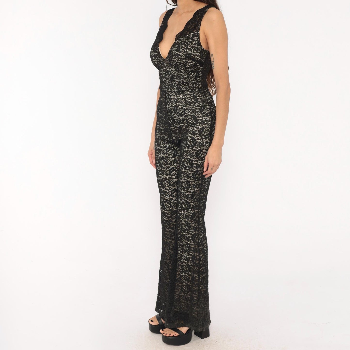 2000s Cameo Black Lace Jumpsuit Flare Leg Deep V Neck Medium M