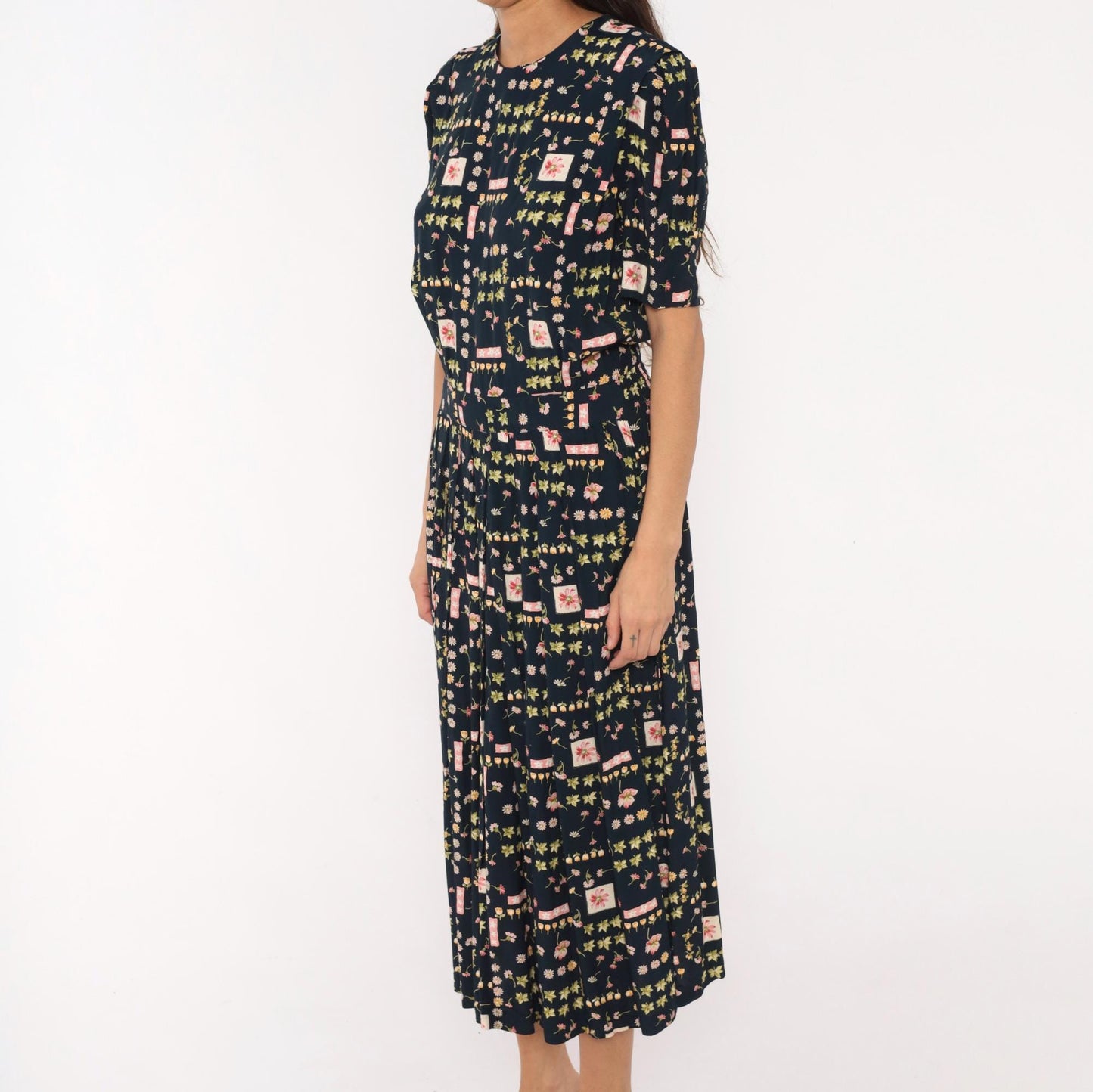 90s Karin Stevens Botanical Midi Dress Navy Floral Puff Sleeve Medium M