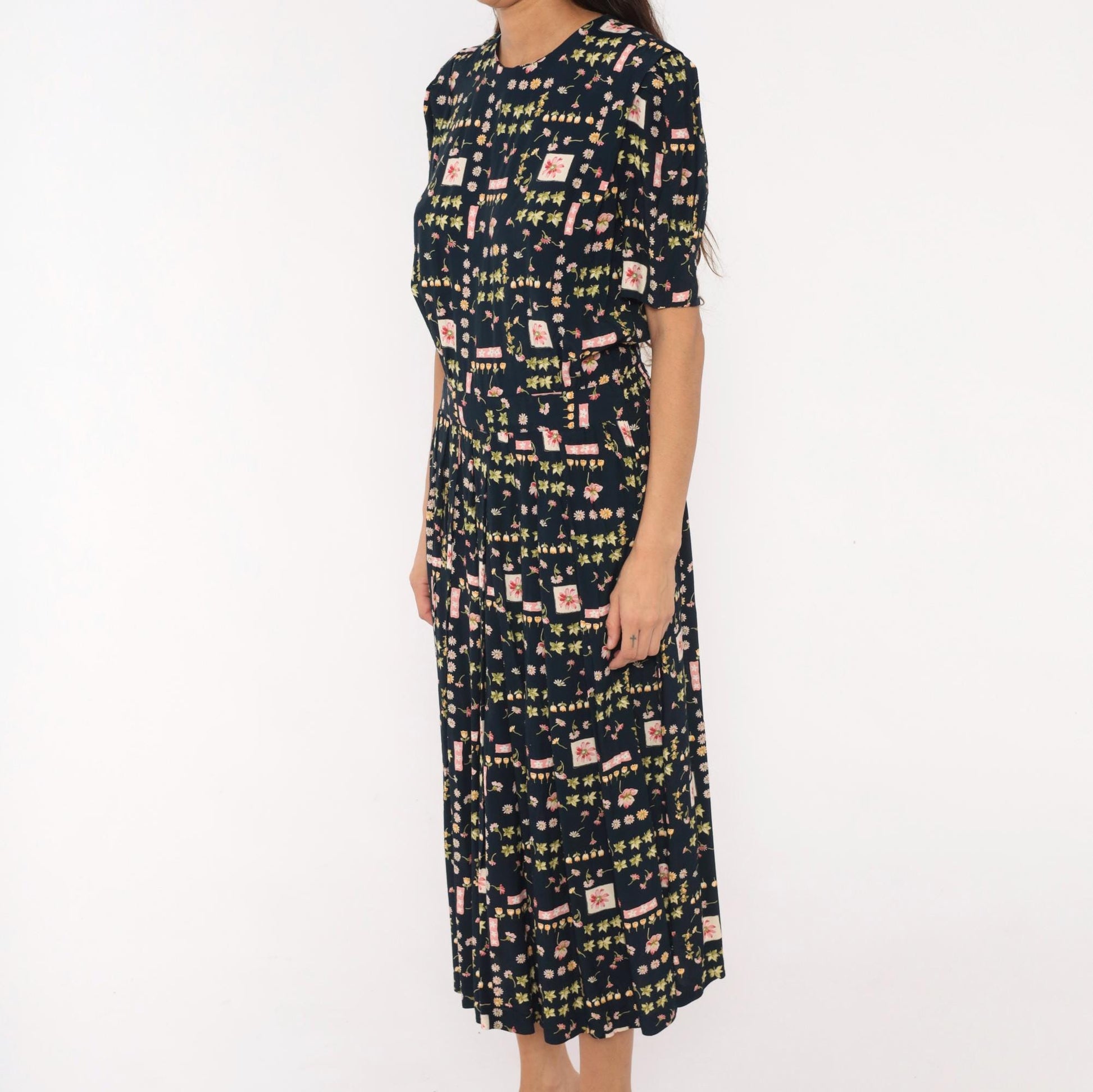 90s Karin Stevens Botanical Midi Dress Navy Floral Puff Sleeve Medium M