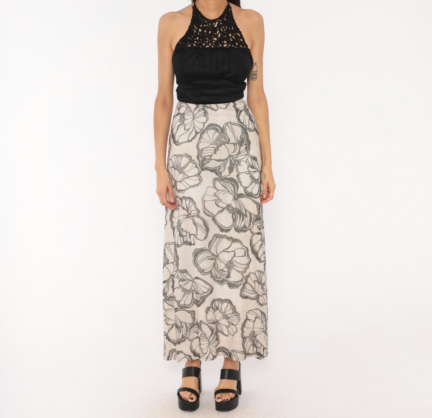 70s Mikey Jrs Crochet Halter Maxi Dress Black Grey Floral Metallic Open Back Extra Small XS