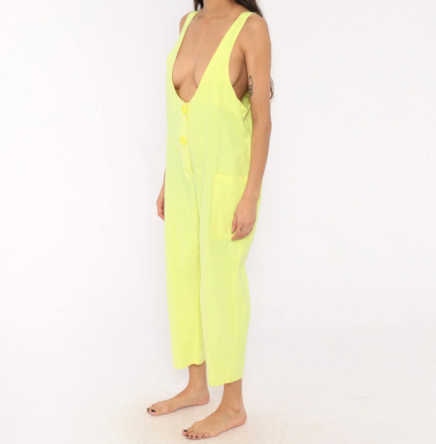 90s Ginger Neon Yellow Cotton Jumpsuit Deep V Neck Ankle Length Medium M