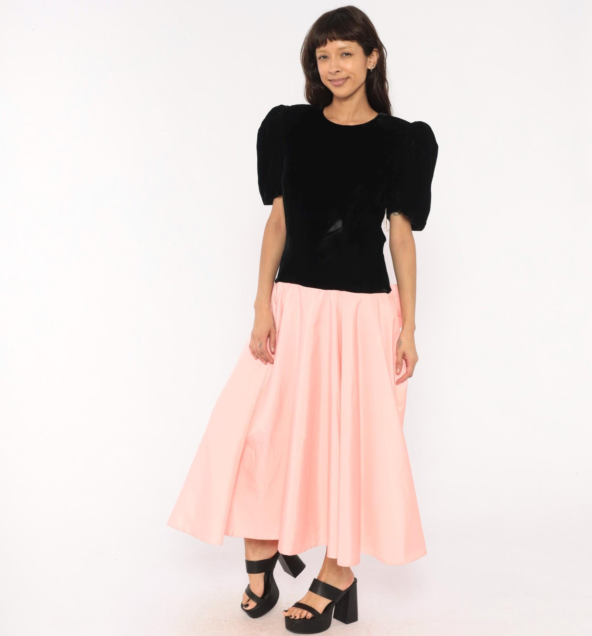 80s S.G. Gilbert Black Velvet Puff Sleeve Maxi Dress Pink Satin Bow Large