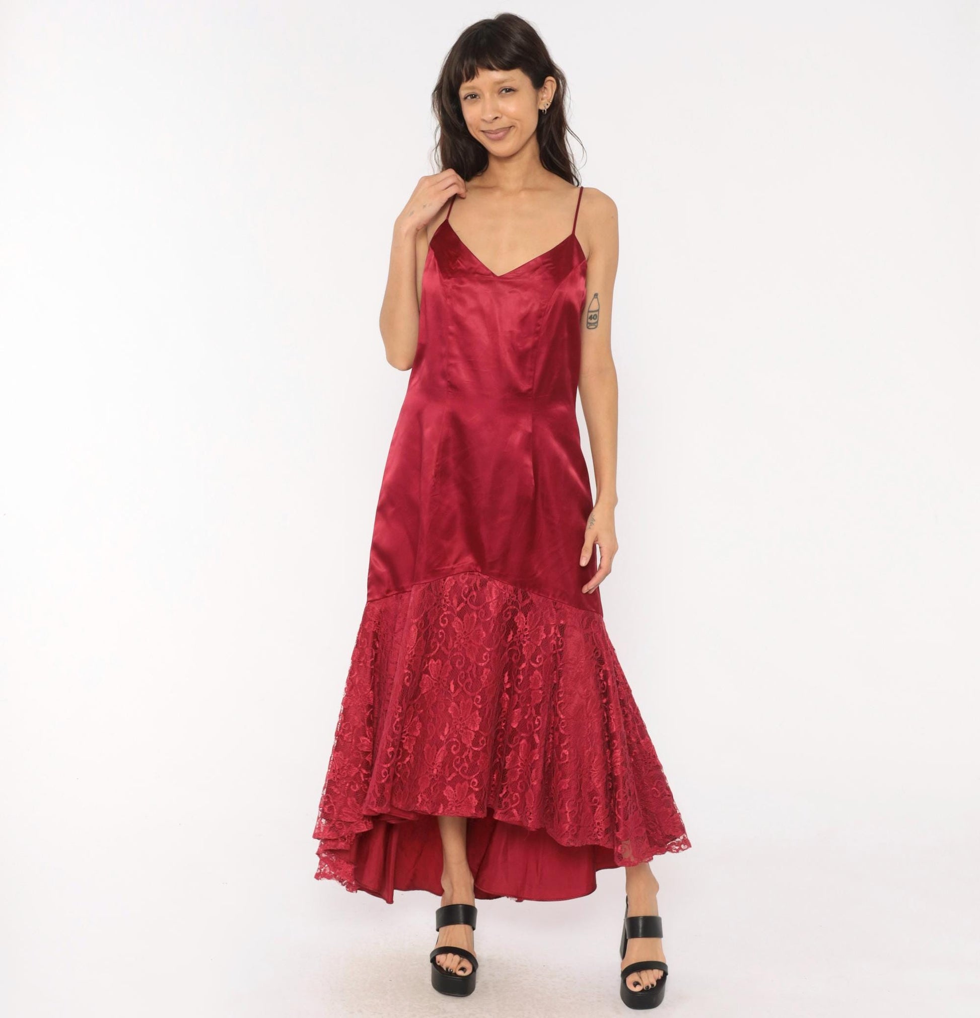 80s Burgundy Satin Slip Dress Mermaid Lace Hem V Neck Low Back Large L