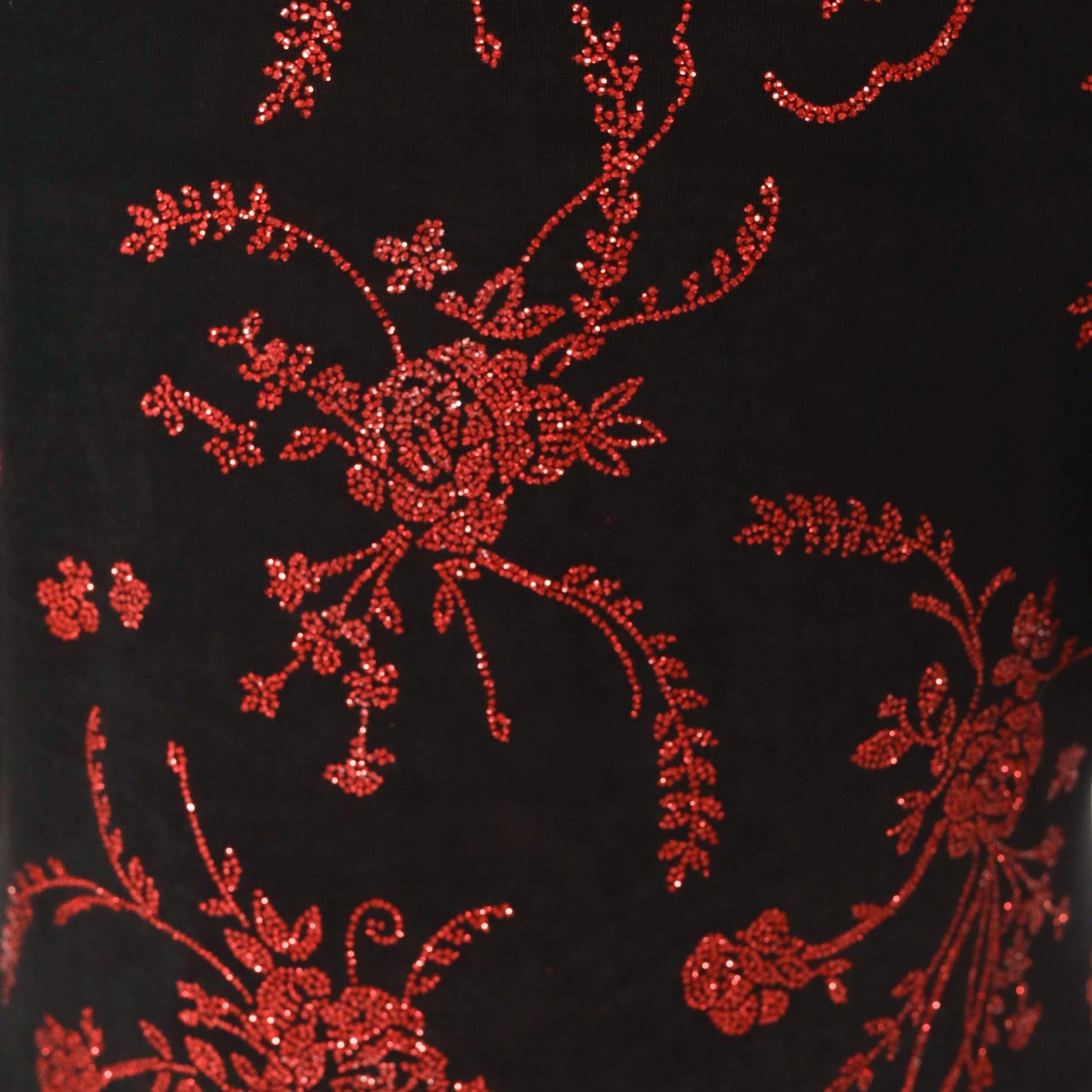 90s Black Maxi Dress Red Glitter Floral Print Short Sleeve Scoop Neck Medium Large