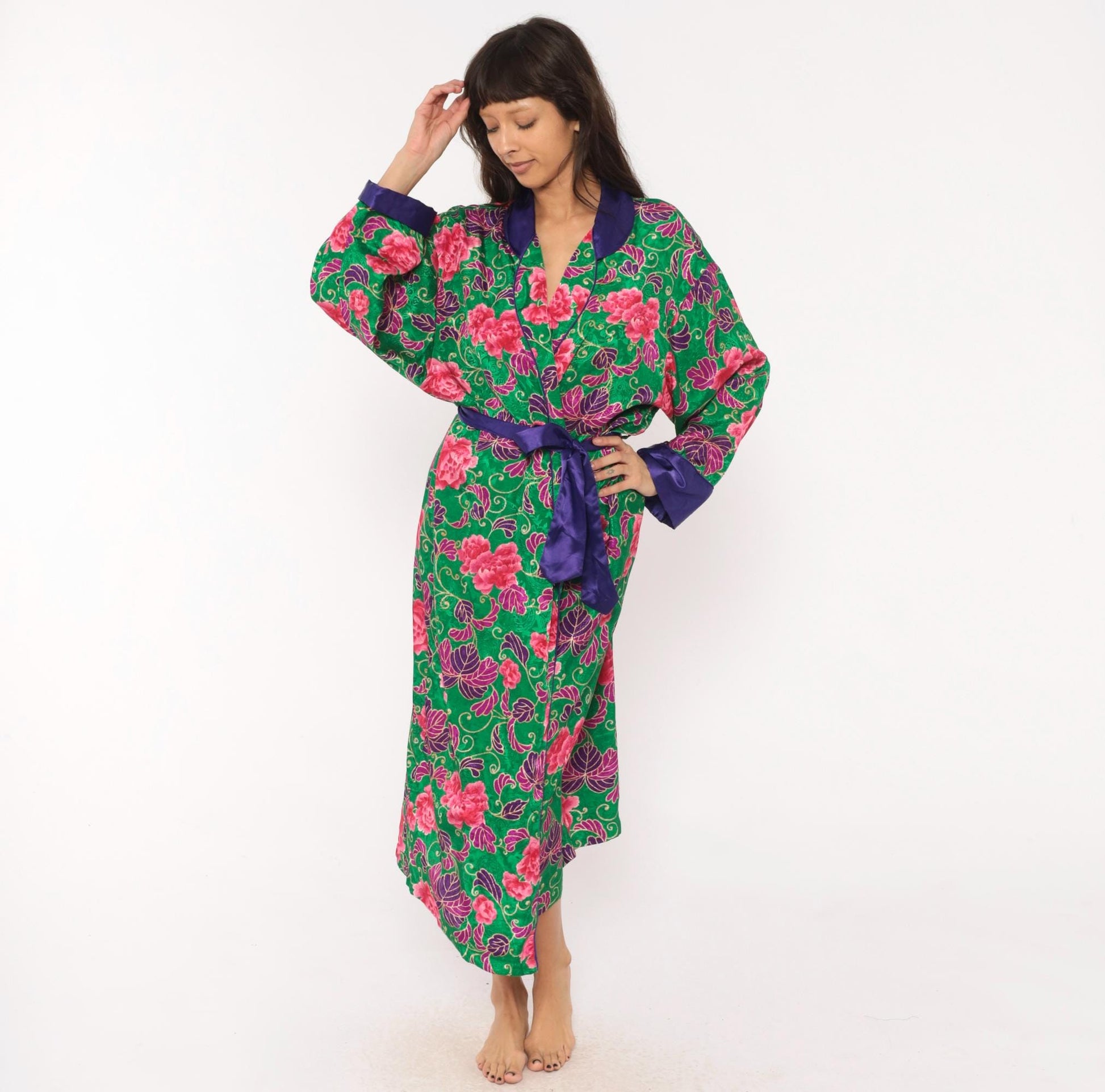 90s Victoria's Secret Green Floral Kimono Robe Satin Trim Medium Large
