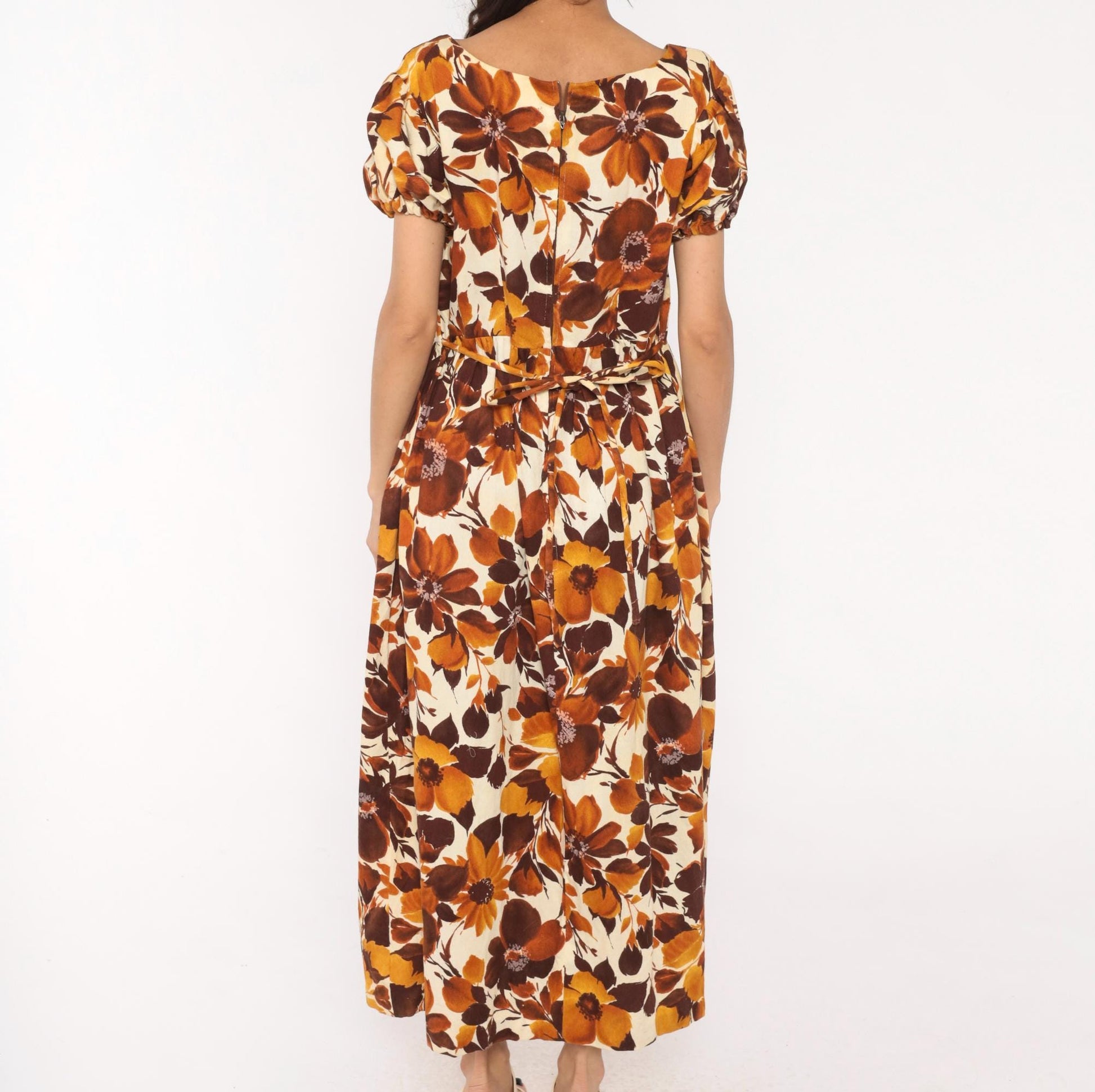 70s Floral Maxi Dress Brown Puff Sleeve Empire Waist Cotton Large L
