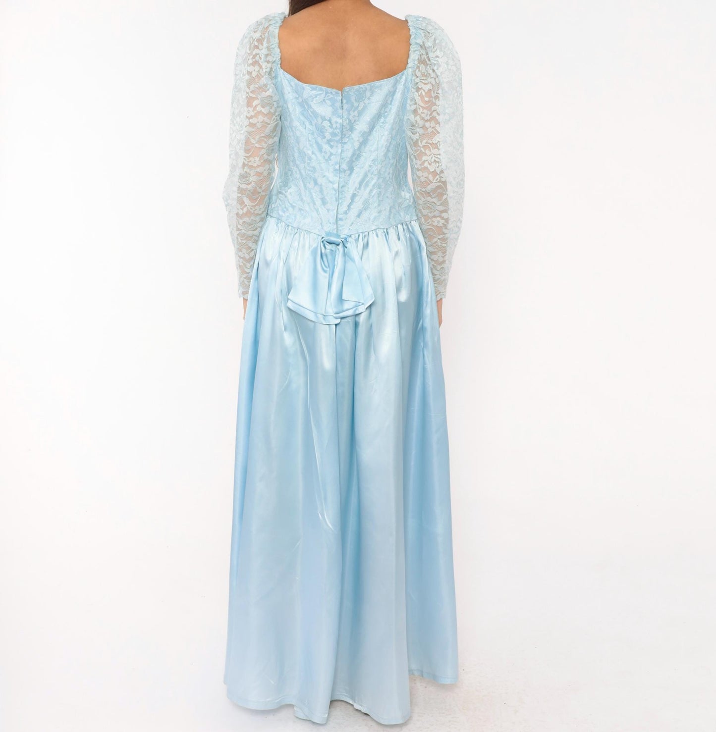 80s Sky Blue Lace Maxi Gown Sweetheart Neckline Drop Waist Bow Back Large L