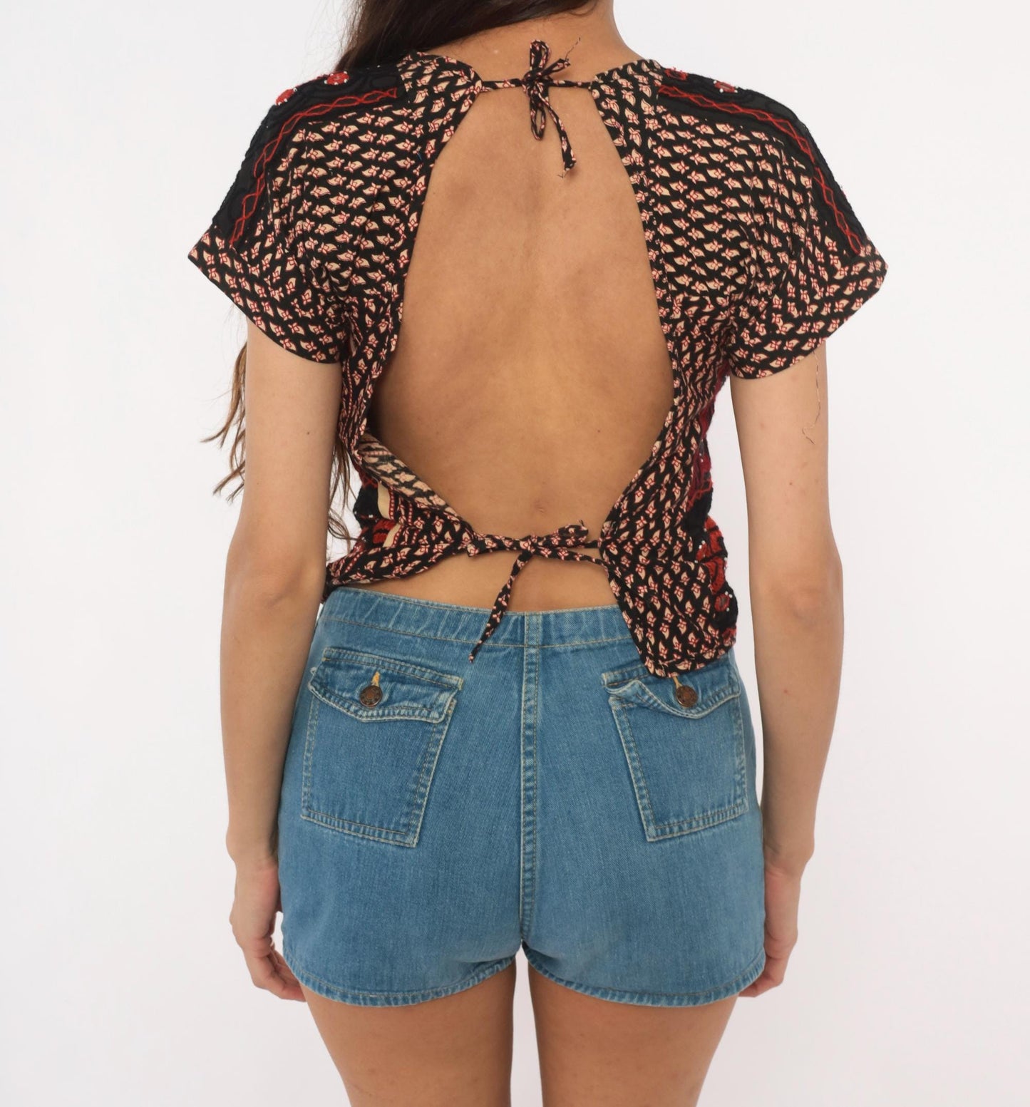 2000s Black Red Shisha Mirror Embroidered Cotton Crop Top Cap Sleeve Extra Small XS
