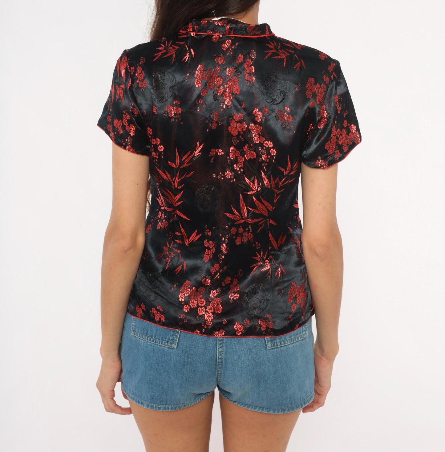 2000s Black Red Silk Cheongsam Top Mandarin Collar Brocade Medium M