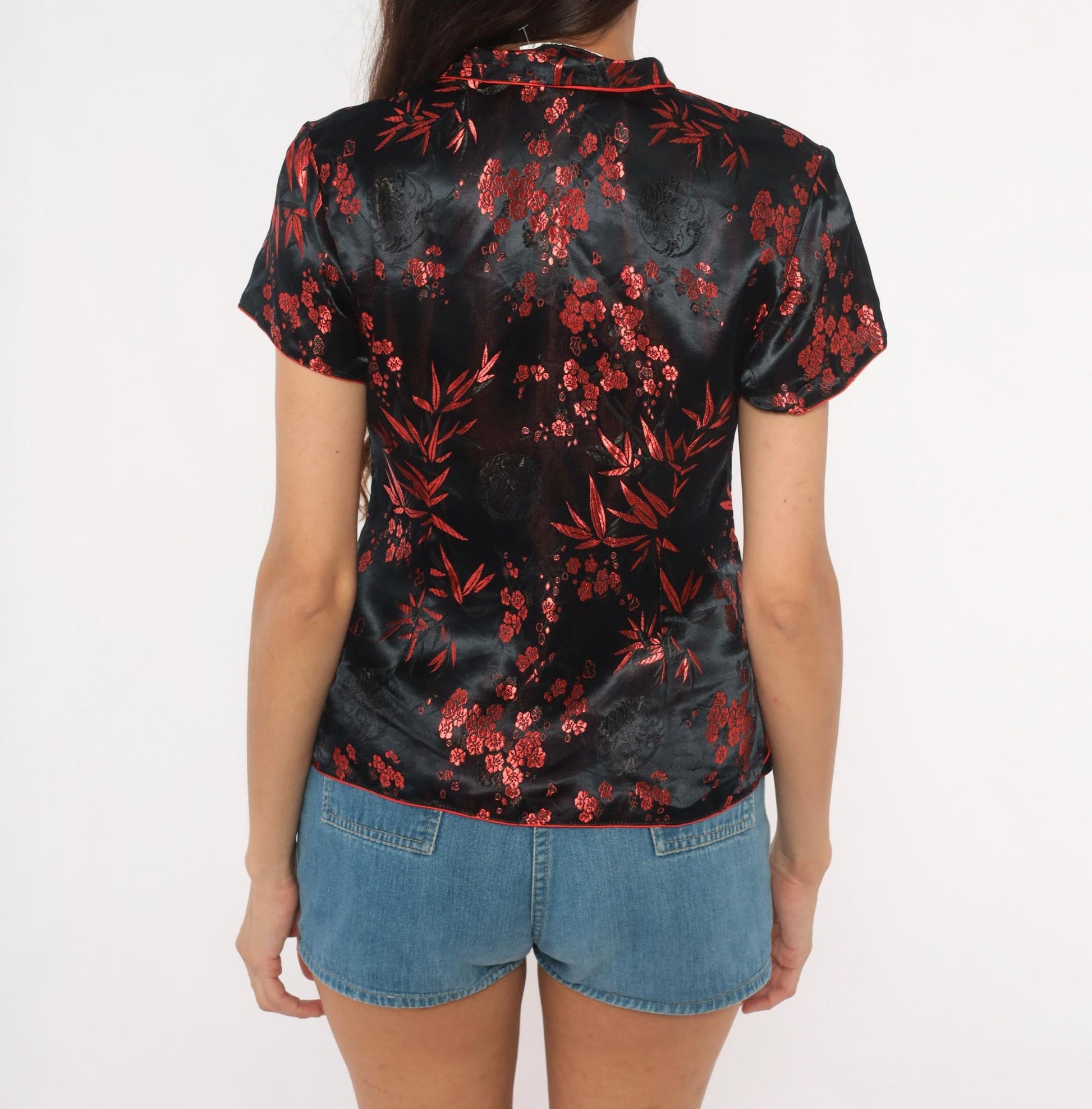 2000s Black Red Silk Cheongsam Top Mandarin Collar Brocade Medium M