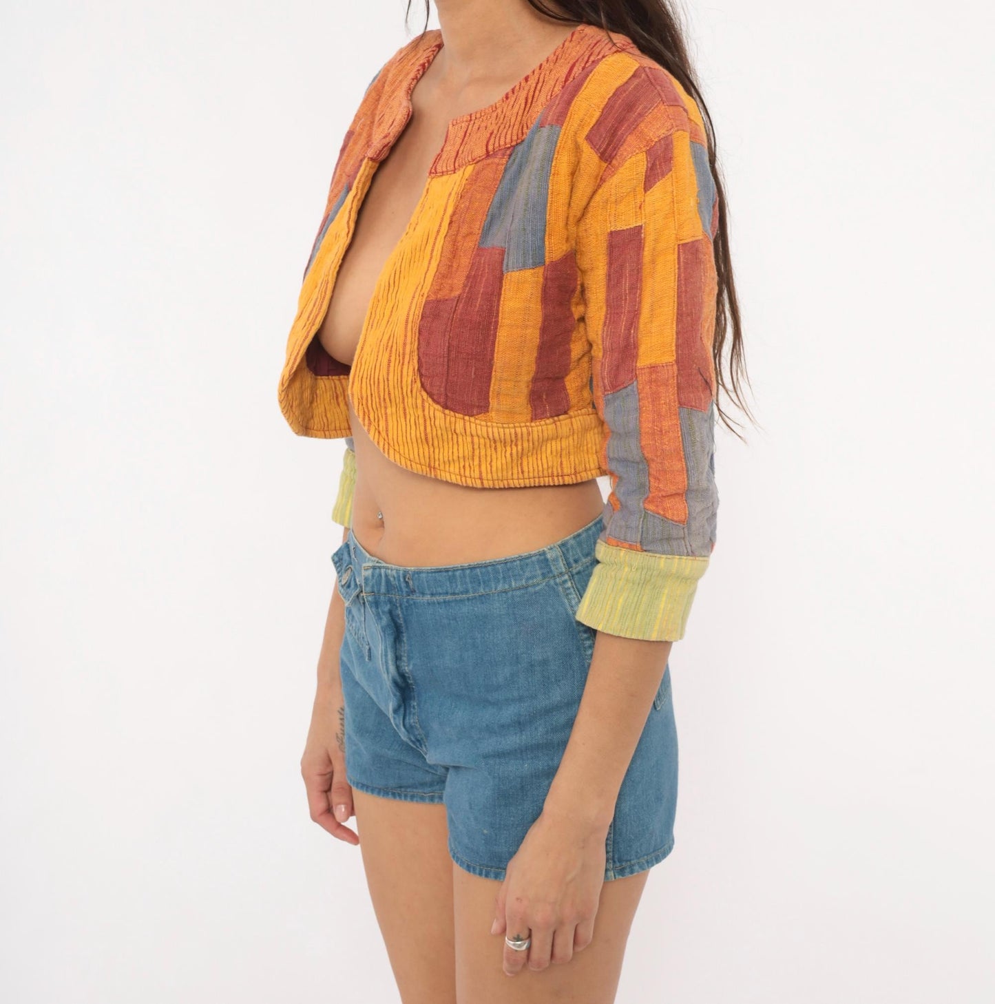 2000s Patchwork Cropped Bolero Jacket Mustard Burgundy Blue Cotton Small