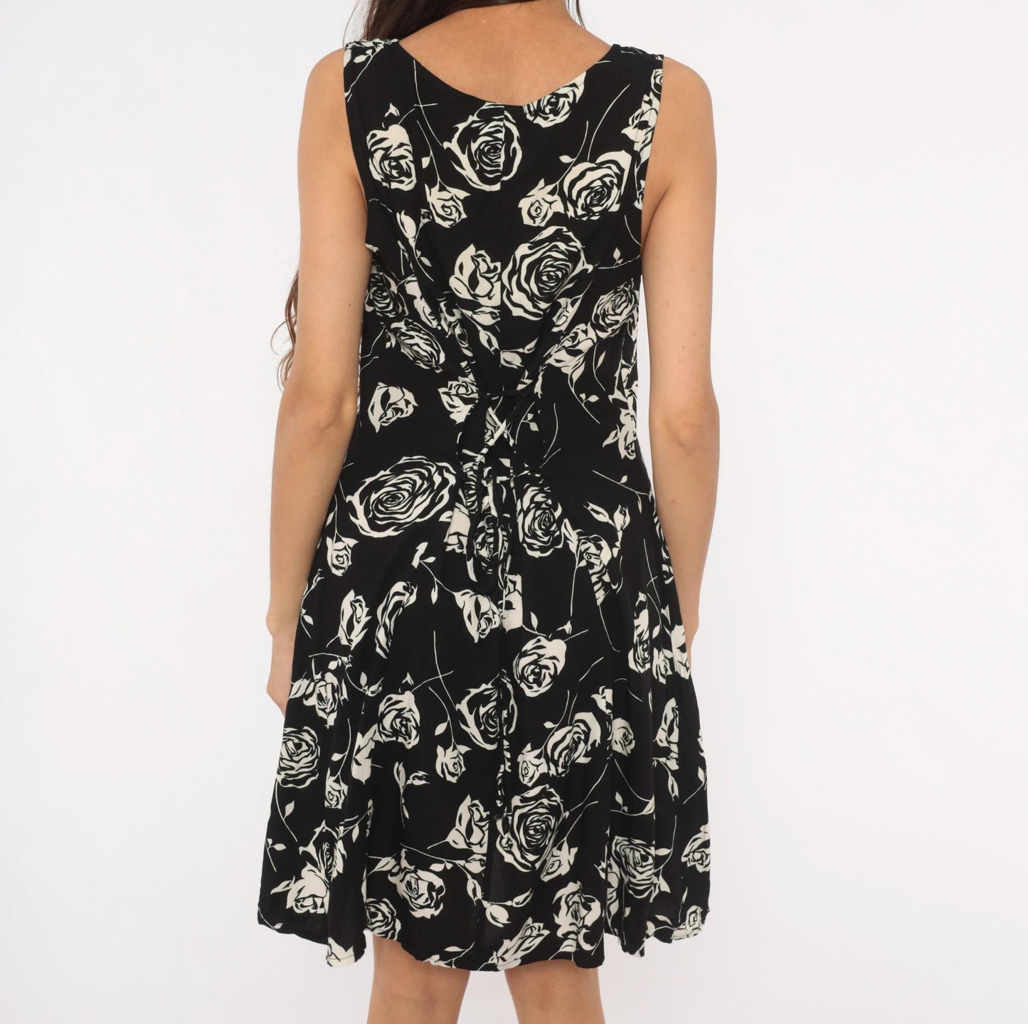 90s Expressions Rose Print Sundress Black Cream Floral Knee-Length Medium M