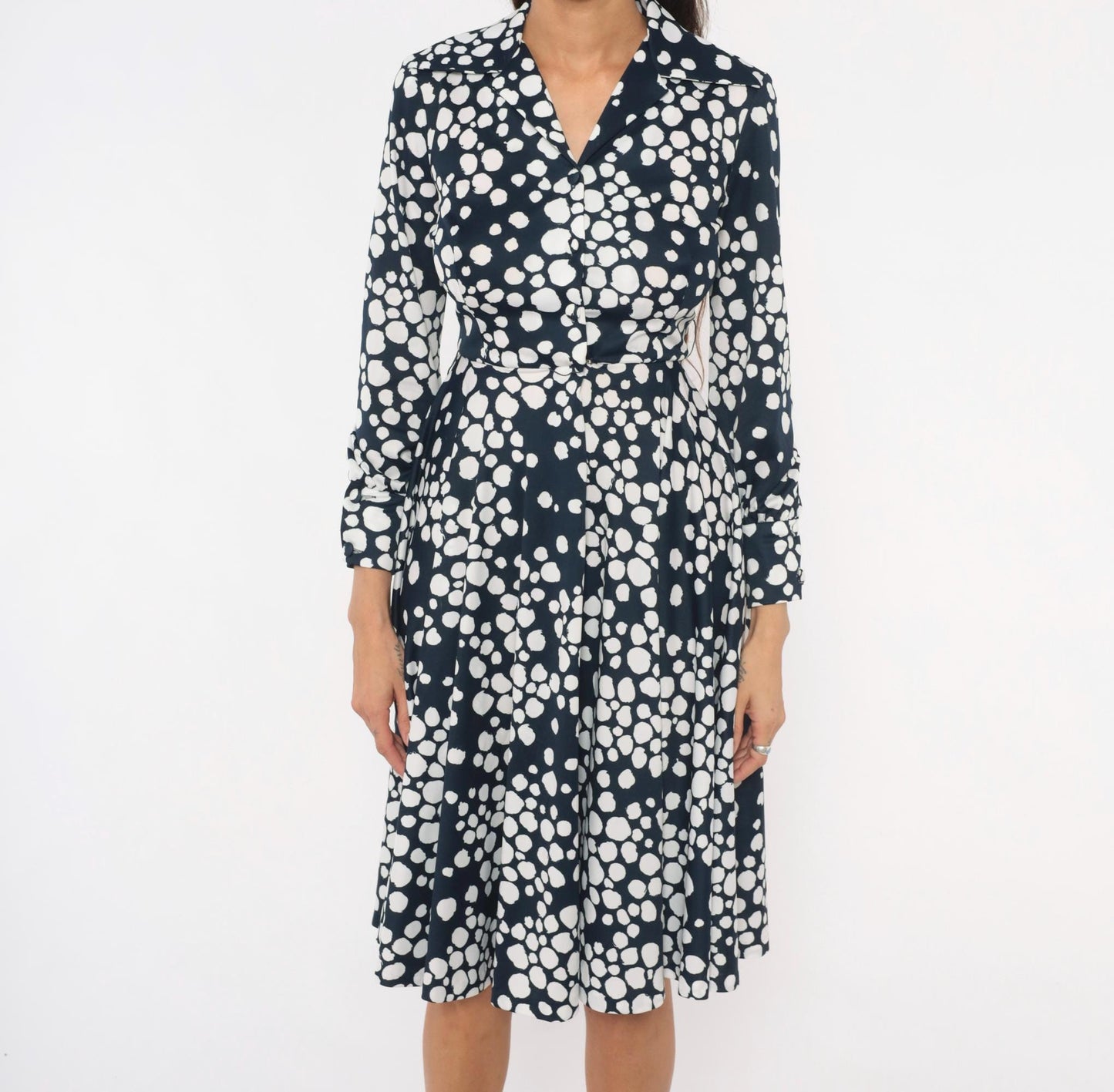 70s Gail Gray Navy Polka Dot Wrap Dress V Neck Button Front Knee Length Extra Small XS