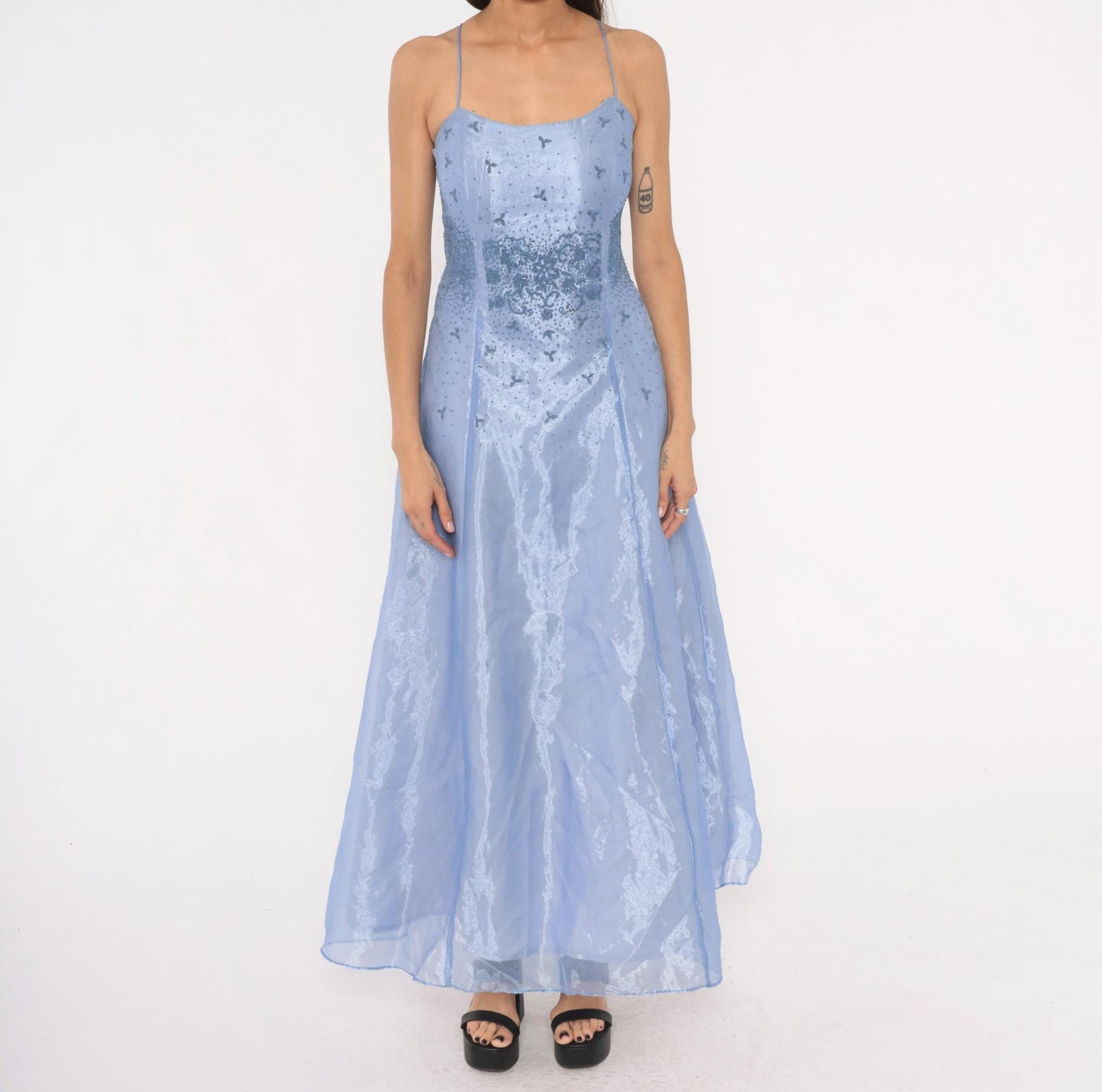 90s Kiki USA Periwinkle Beaded Gown Butterfly Embellished Strapless Organza Medium M