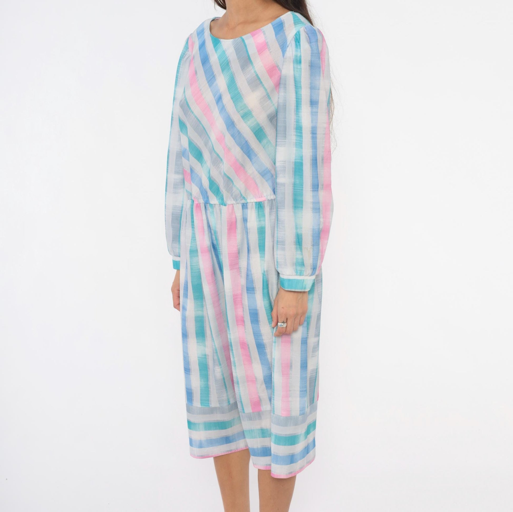 80s Pastel Stripe Diagonal Drop Waist Dress Pink Teal Bishop Sleeve Large L