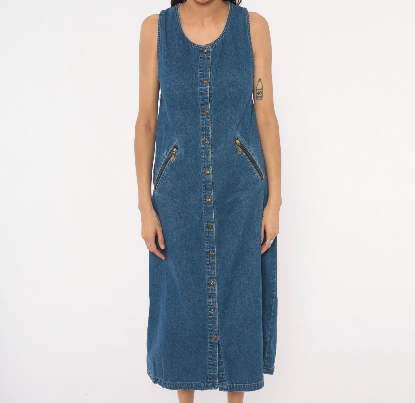 90s Original Ty2 Denim Jumper Dress Midi Button Front Cotton Navy Extra Small