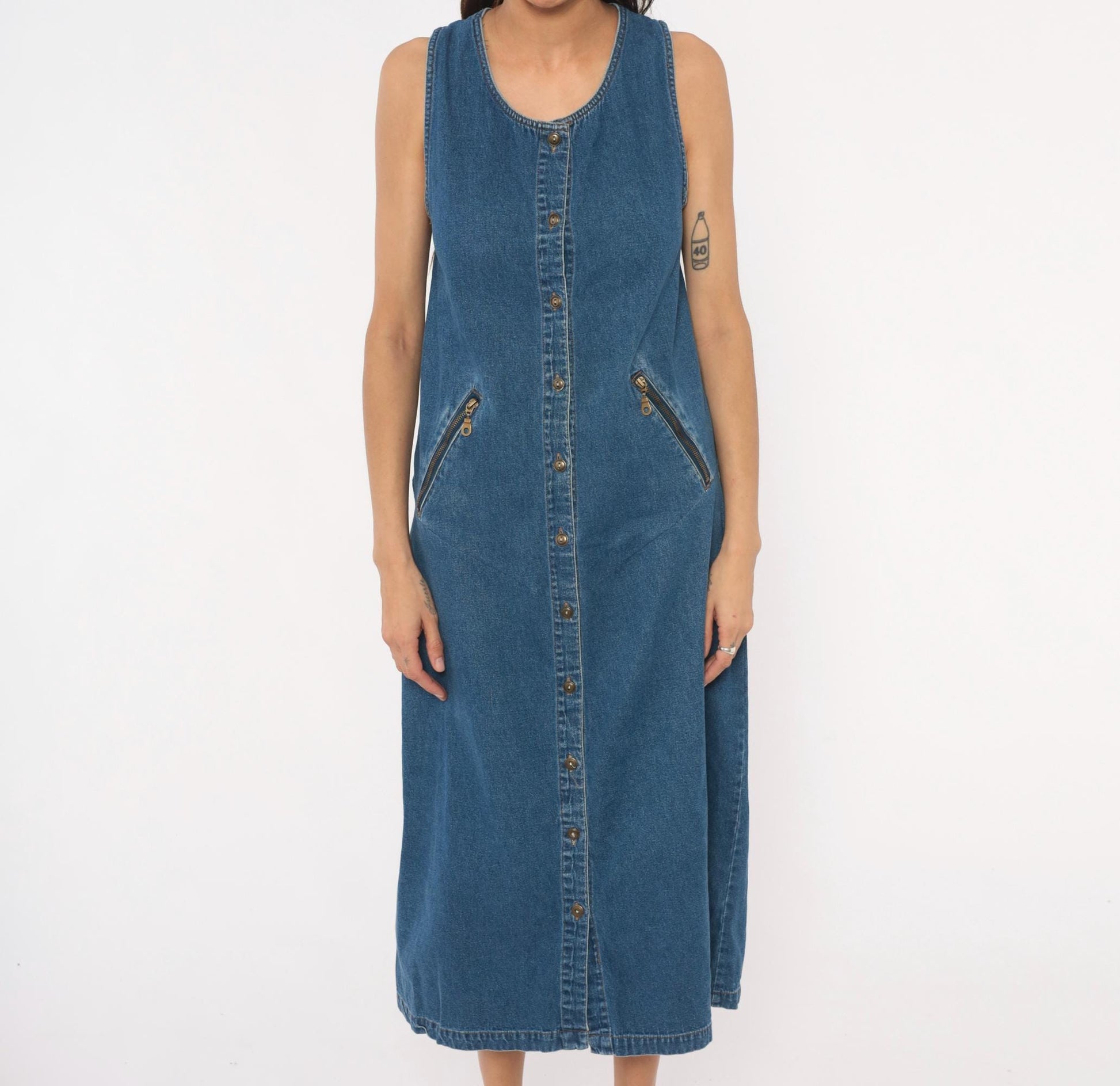 90s Original Ty2 Denim Jumper Dress Midi Button Front Cotton Navy Extra Small