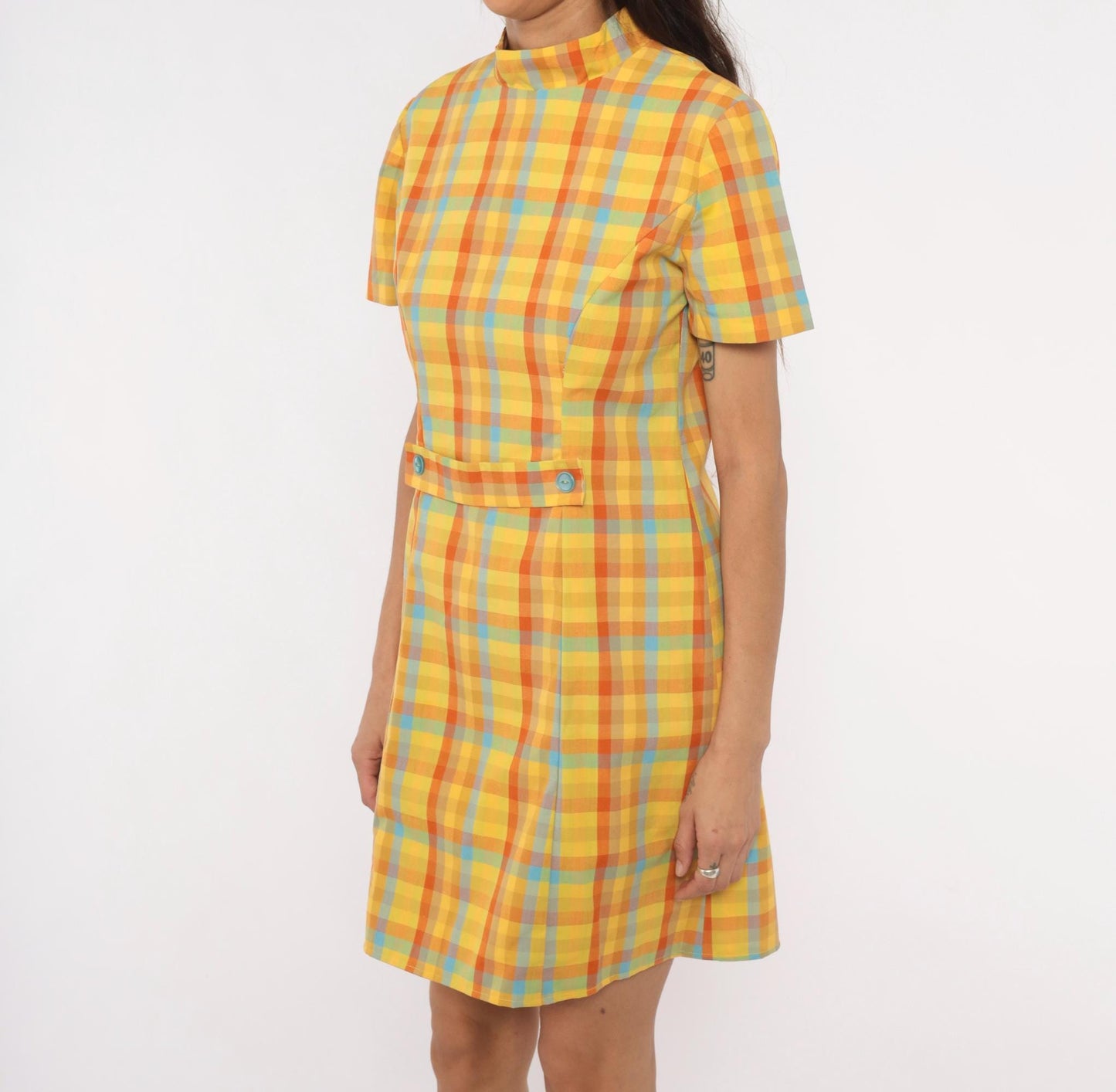 60s Plaid Mini Dress Yellow Orange Blue Check Mock Neck Cotton Small