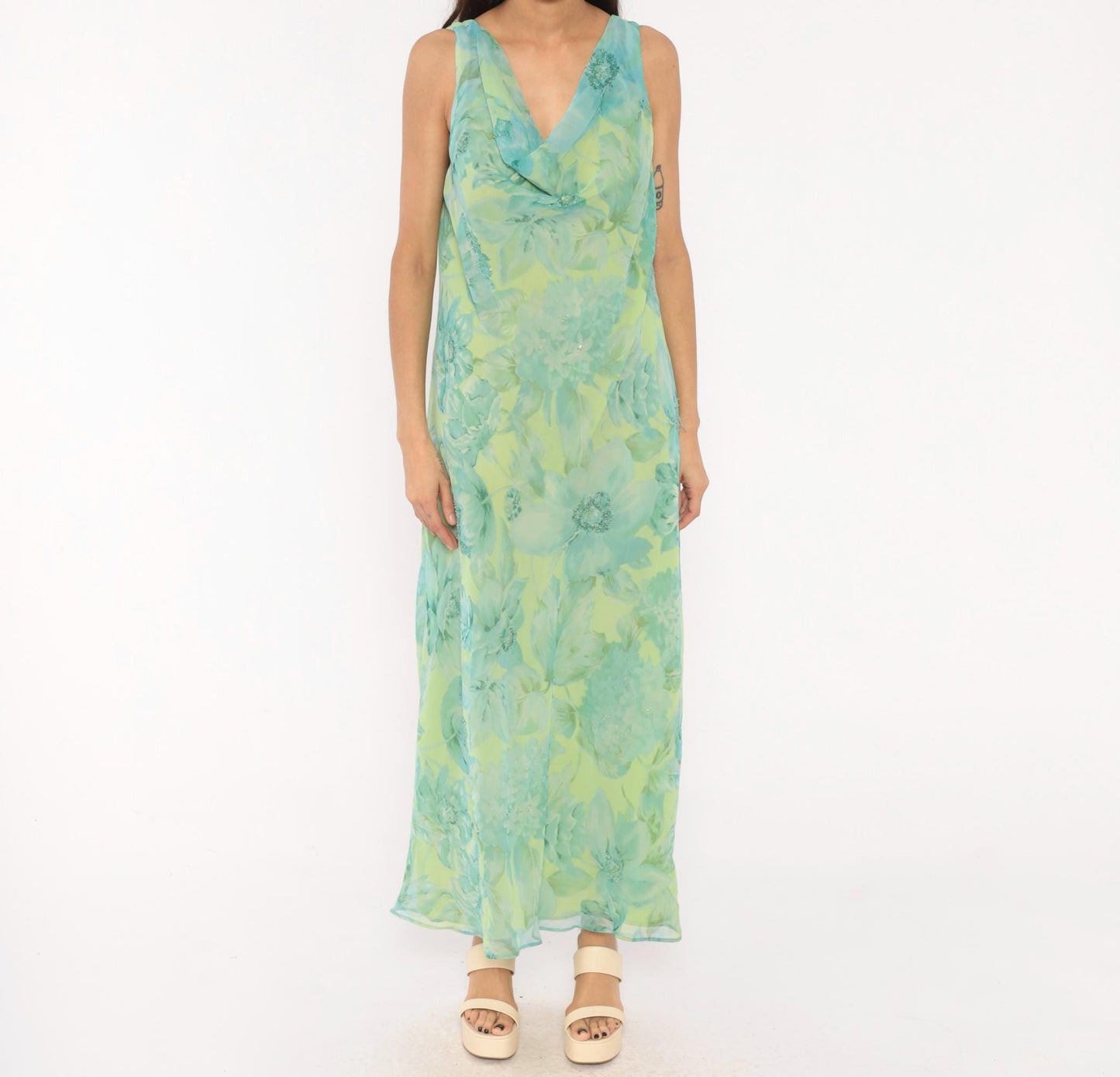 90s Plaza South Floral Chiffon Maxi Dress Aqua Lime Sequin V-Neck Extra Large XXL