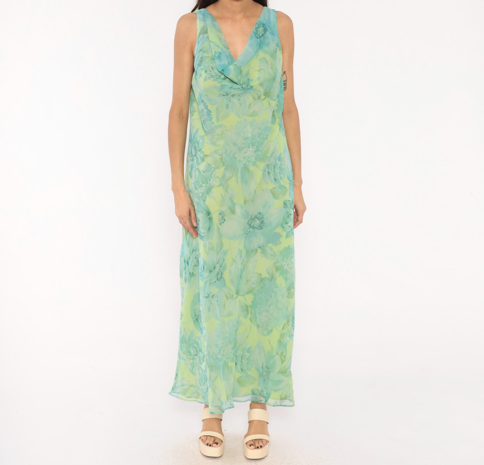 90s Plaza South Floral Chiffon Maxi Dress Aqua Lime Sequin V-Neck Extra Large XXL