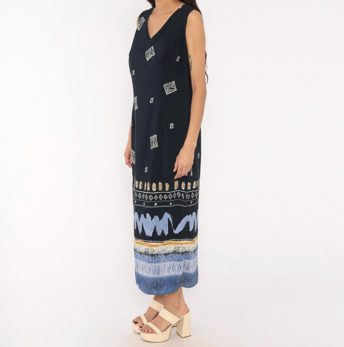 90s Dress Barn Navy Maxi Dress Geometric Tribal Border Sleeveless Large L