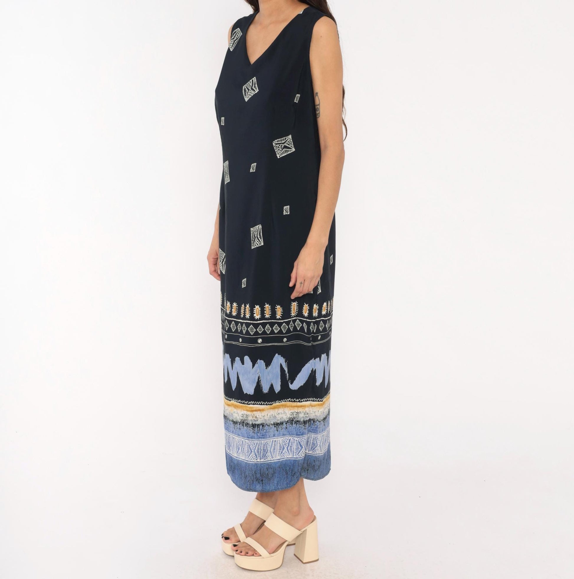 90s Dress Barn Navy Maxi Dress Geometric Tribal Border Sleeveless Large L