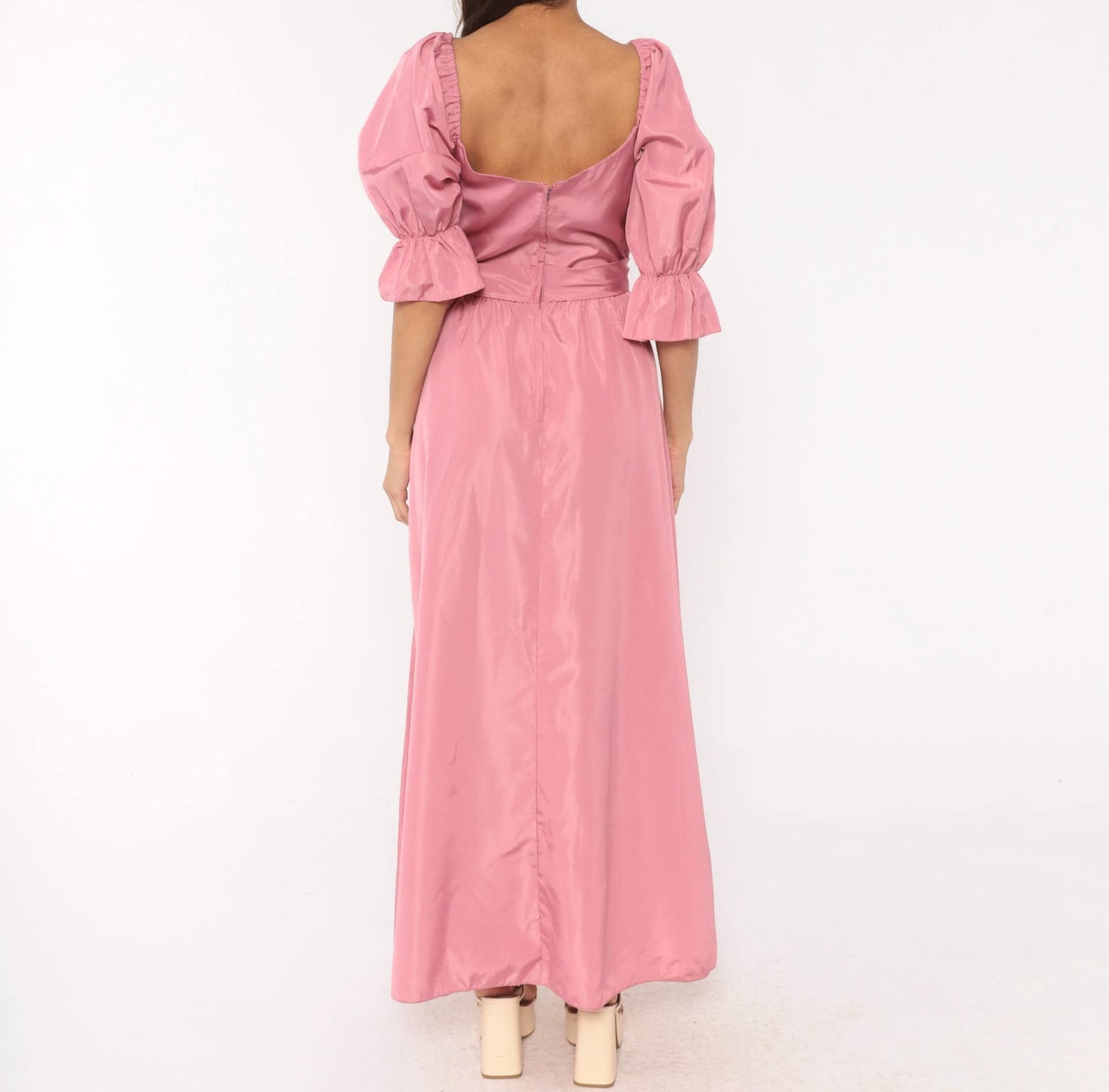 80s Rose Pink Maxi Gown Sweetheart Puff Sleeve Bow Belt Small
