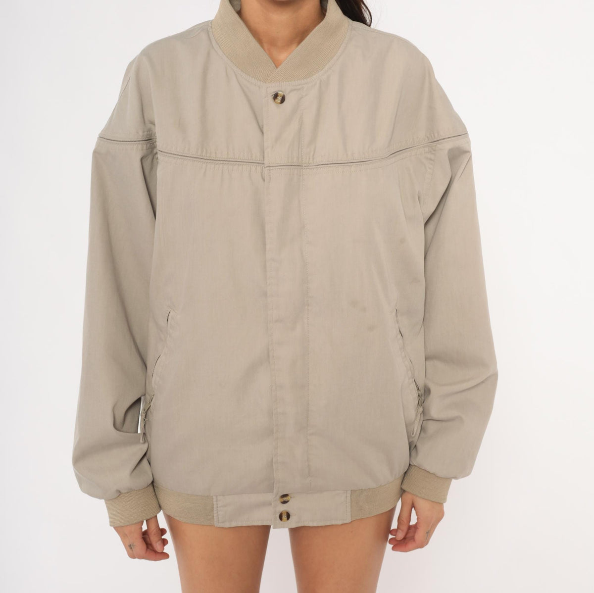 80s Windbreaker Bomber Jacket Tan Ribbed Knit Collar Small