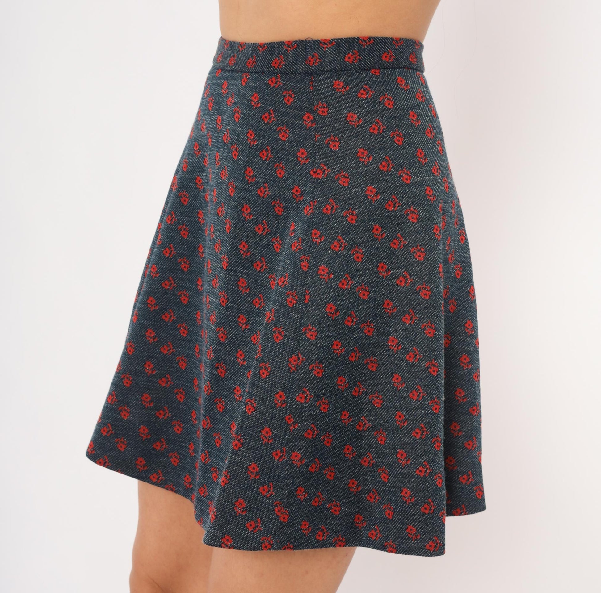 70s Navy Floral Mini Skirt High Waist Circle Flare Red Daisy Print XS