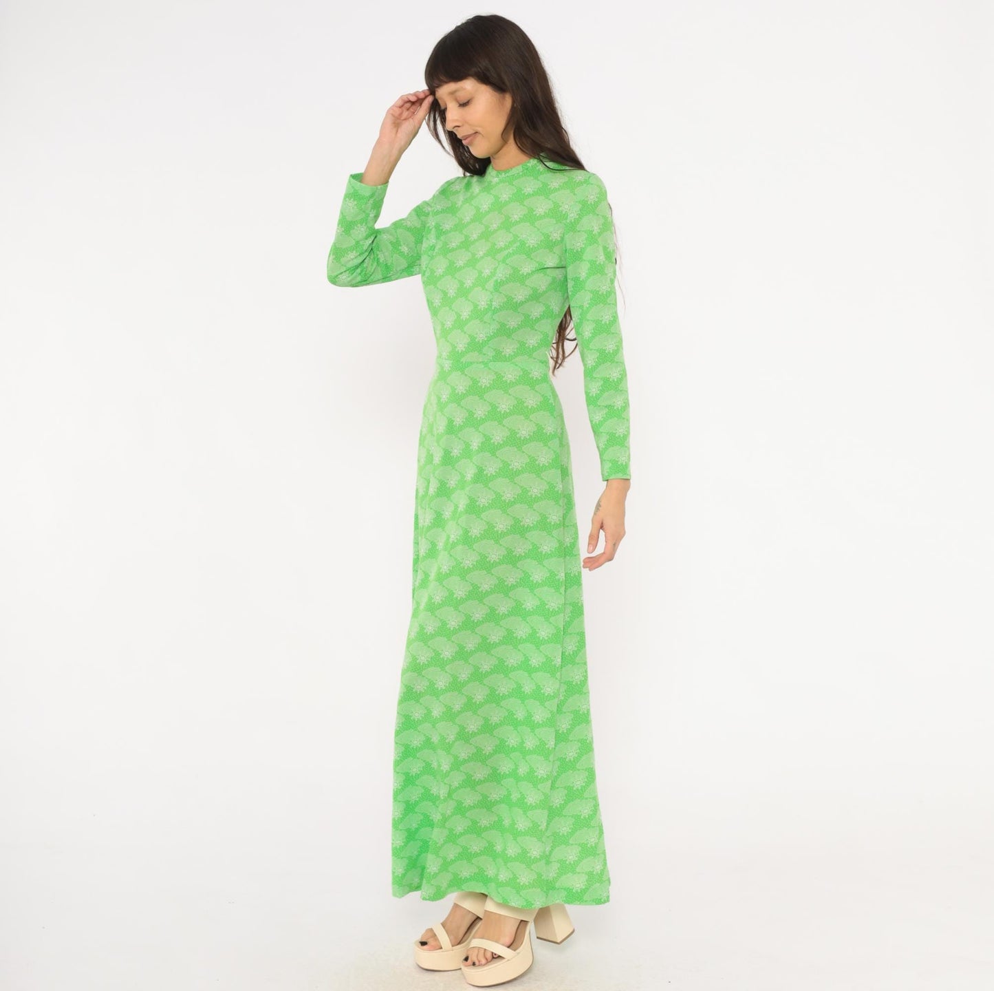 70s Green Maxi Dress Sun Cloud Print Long Sleeve Knit Small