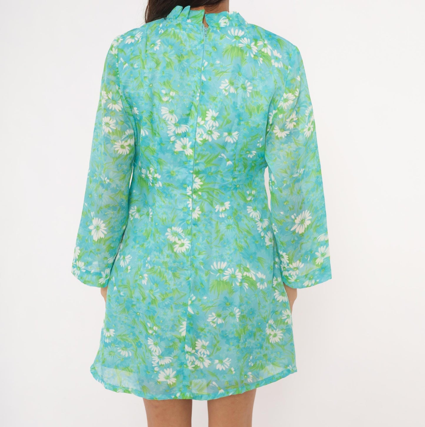 70s Daisy Floral Mini Dress Aqua Bell Sleeve A-Line Large L