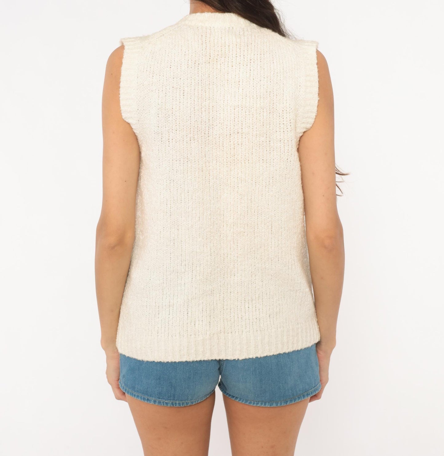 80s Moneta Cream Knit Sweater Vest Patch Pocket Cardigan Small