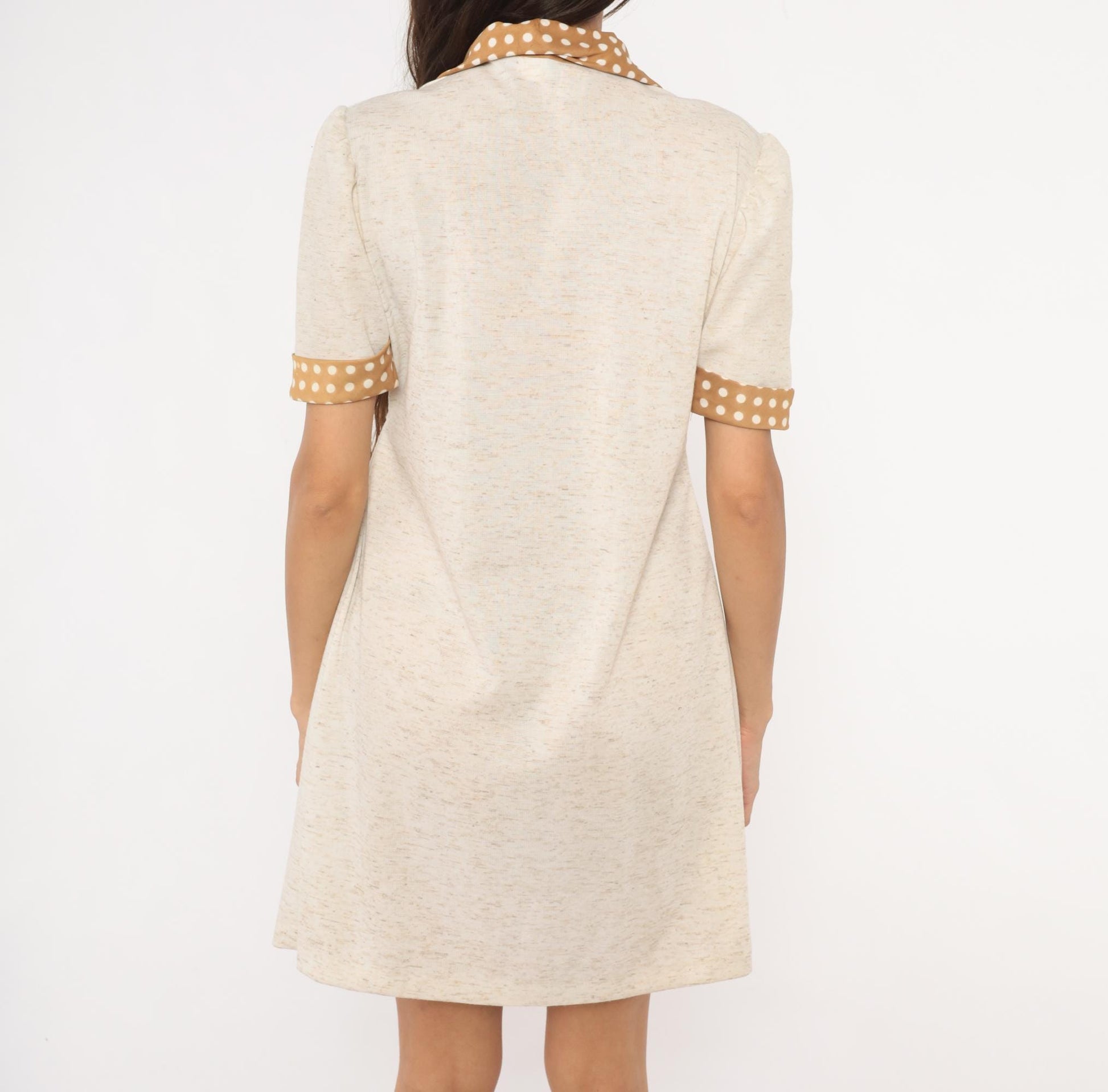 70s Cream Polka Dot Collar Shirtdress Puff Sleeve Tie Waist Knee-Length Medium M