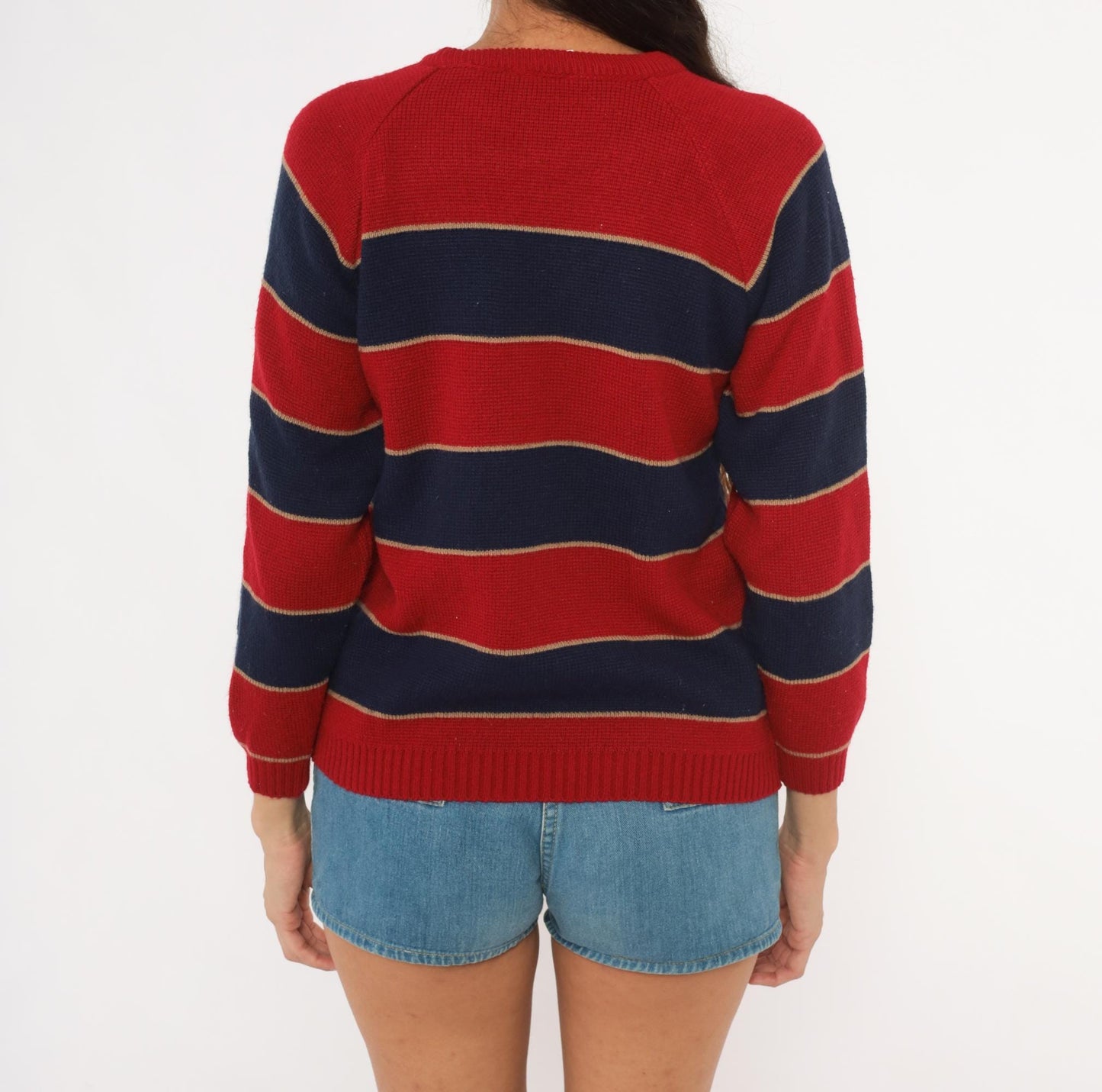 80s Striped Raglan Pullover Sweater Red Navy Burgundy Knit Small