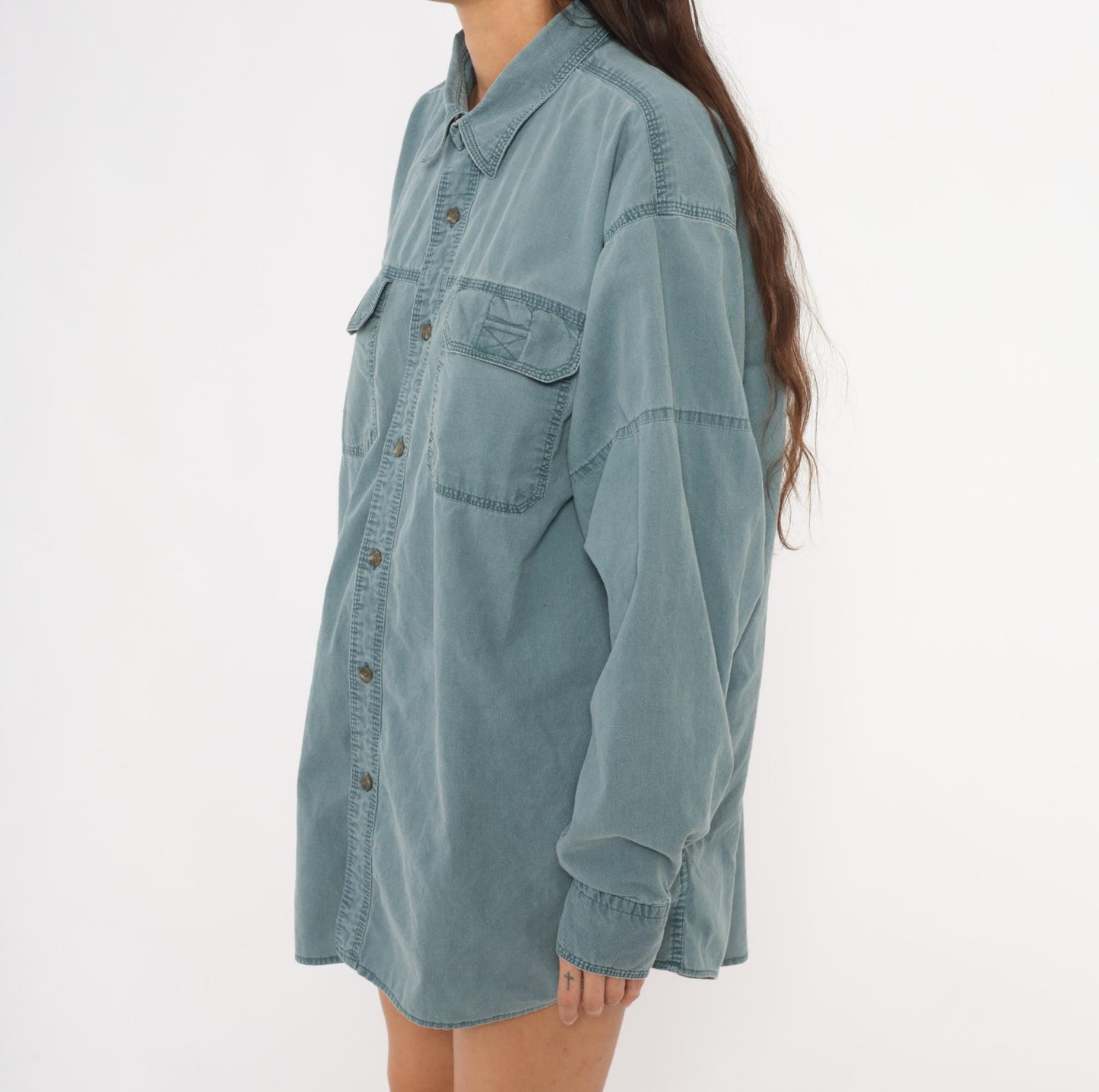 2000s Redhead Slate Blue Cotton Work Shirt Pointed Collar Chest Pockets Extra Large XL