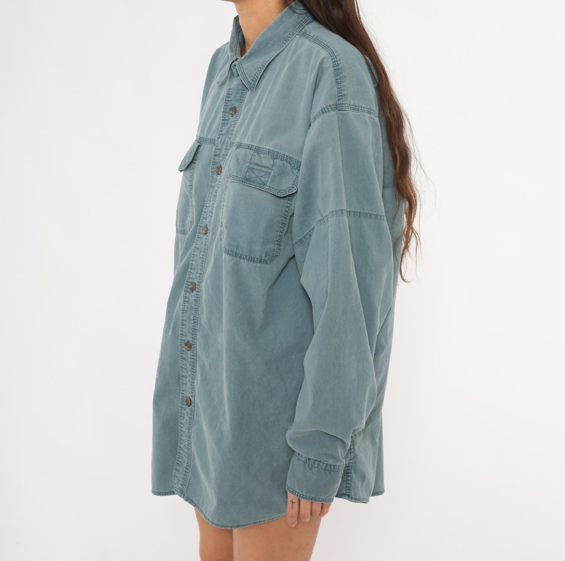 2000s Redhead Slate Blue Cotton Work Shirt Pointed Collar Chest Pockets Extra Large XL