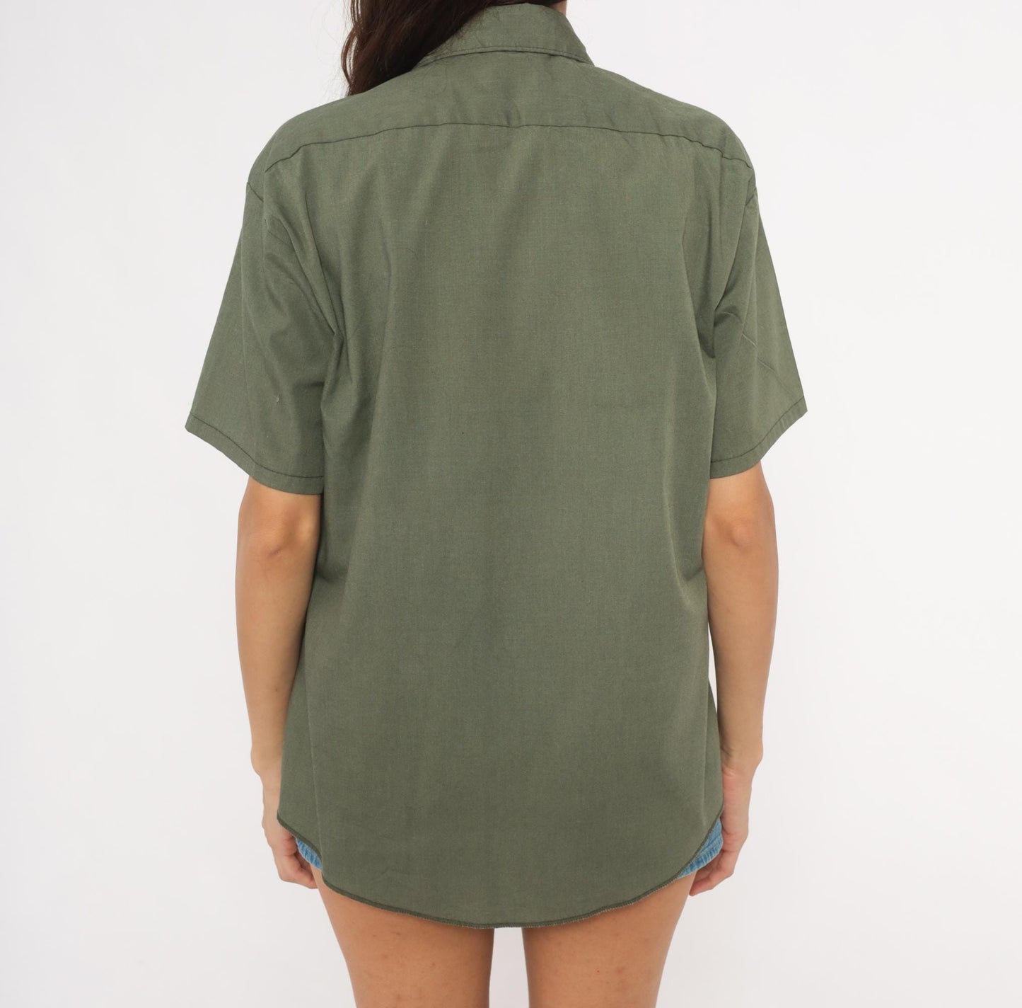 70s Sears Olive Work Shirt Pointed Collar Short Sleeve Utility Blouse Medium M