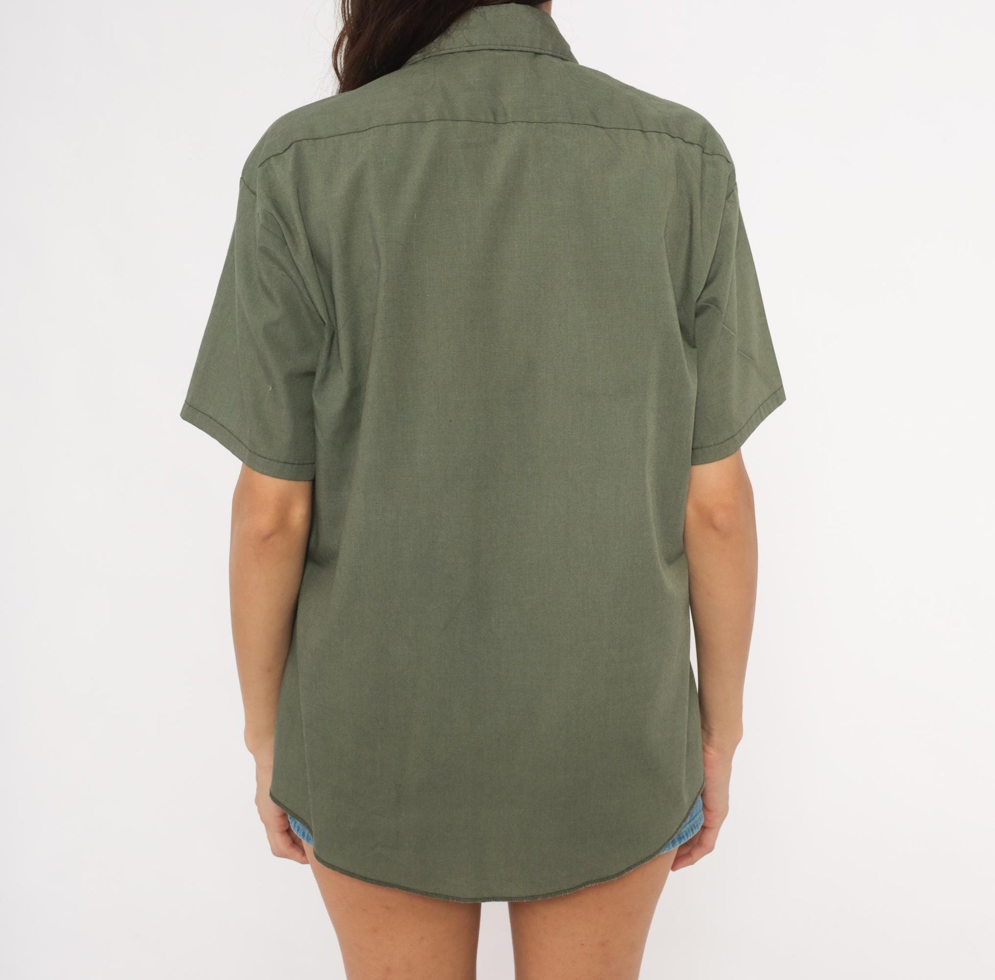 70s Sears Olive Work Shirt Pointed Collar Short Sleeve Utility Blouse Medium M