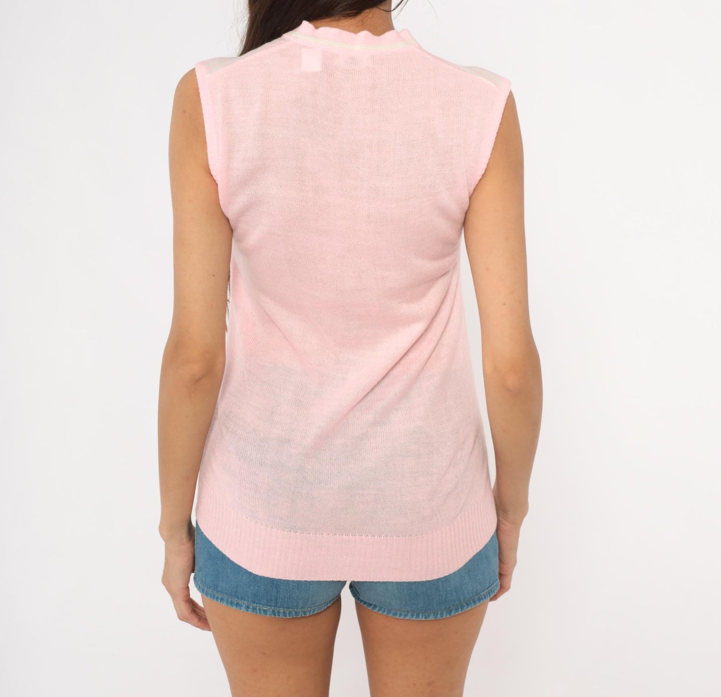 70s Pink White Striped Sweater Vest V Neck Sleeveless Knit Small