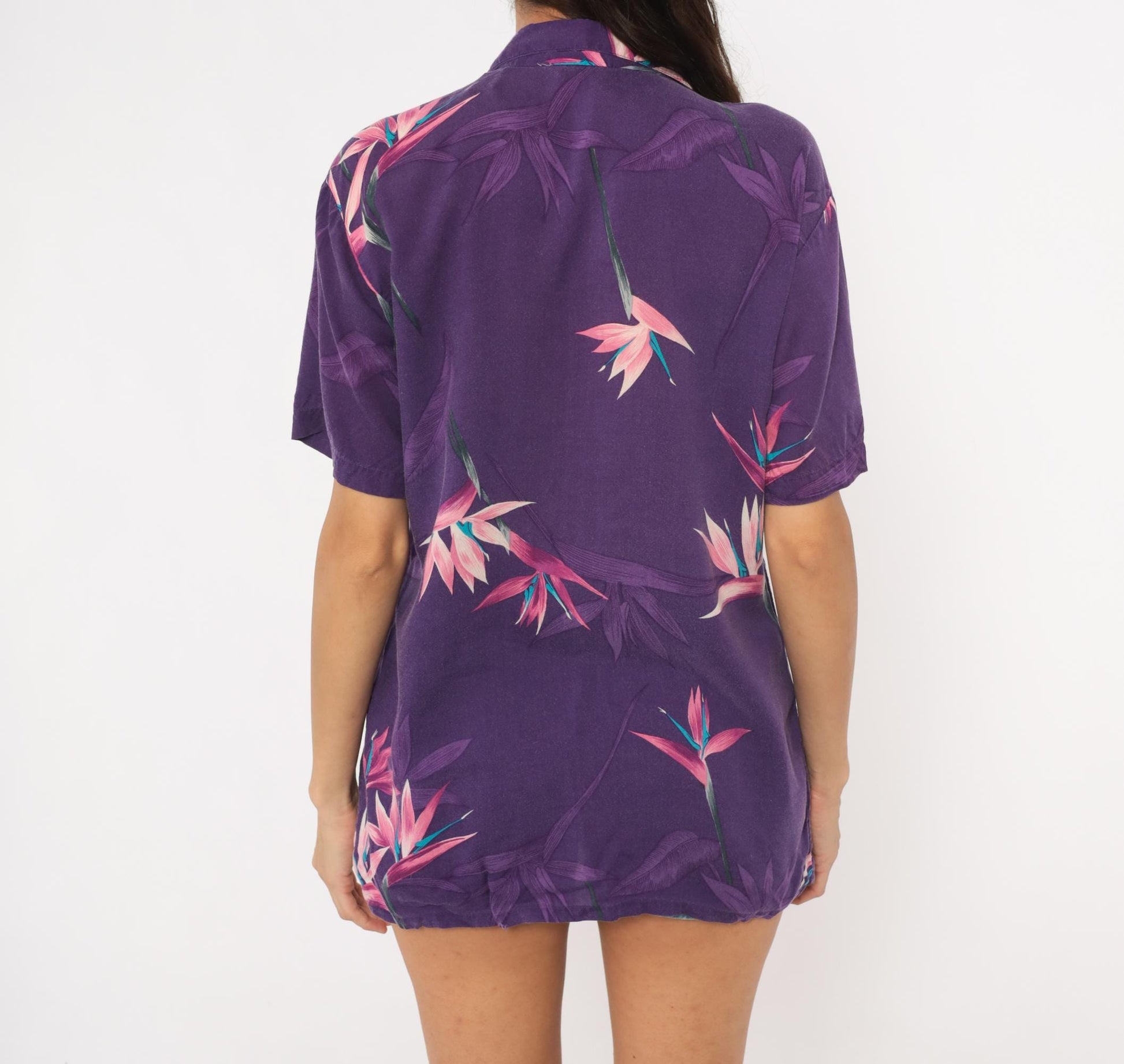 90s Hutspah Purple Hawaiian Shirt Bird Of Paradise Floral Camp Collar Medium M