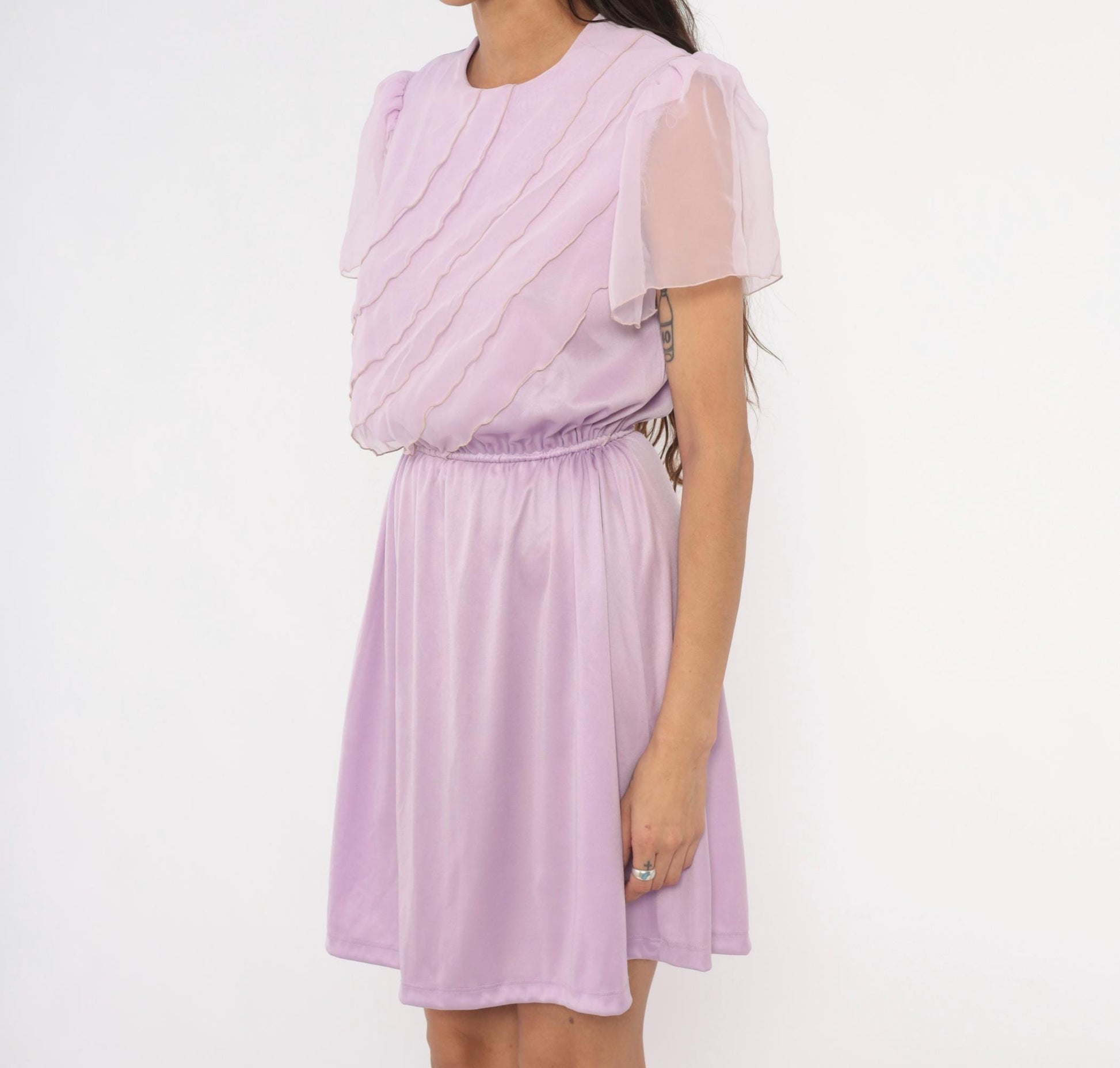 70s Lilac Chiffon Dress Flutter Sleeve Ruffle Bodice Knee-Length Small Medium