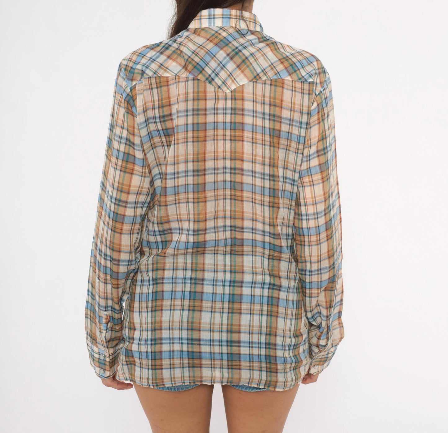 80s Plaid Western Snap Button Shirt Tan Blue Cream Small