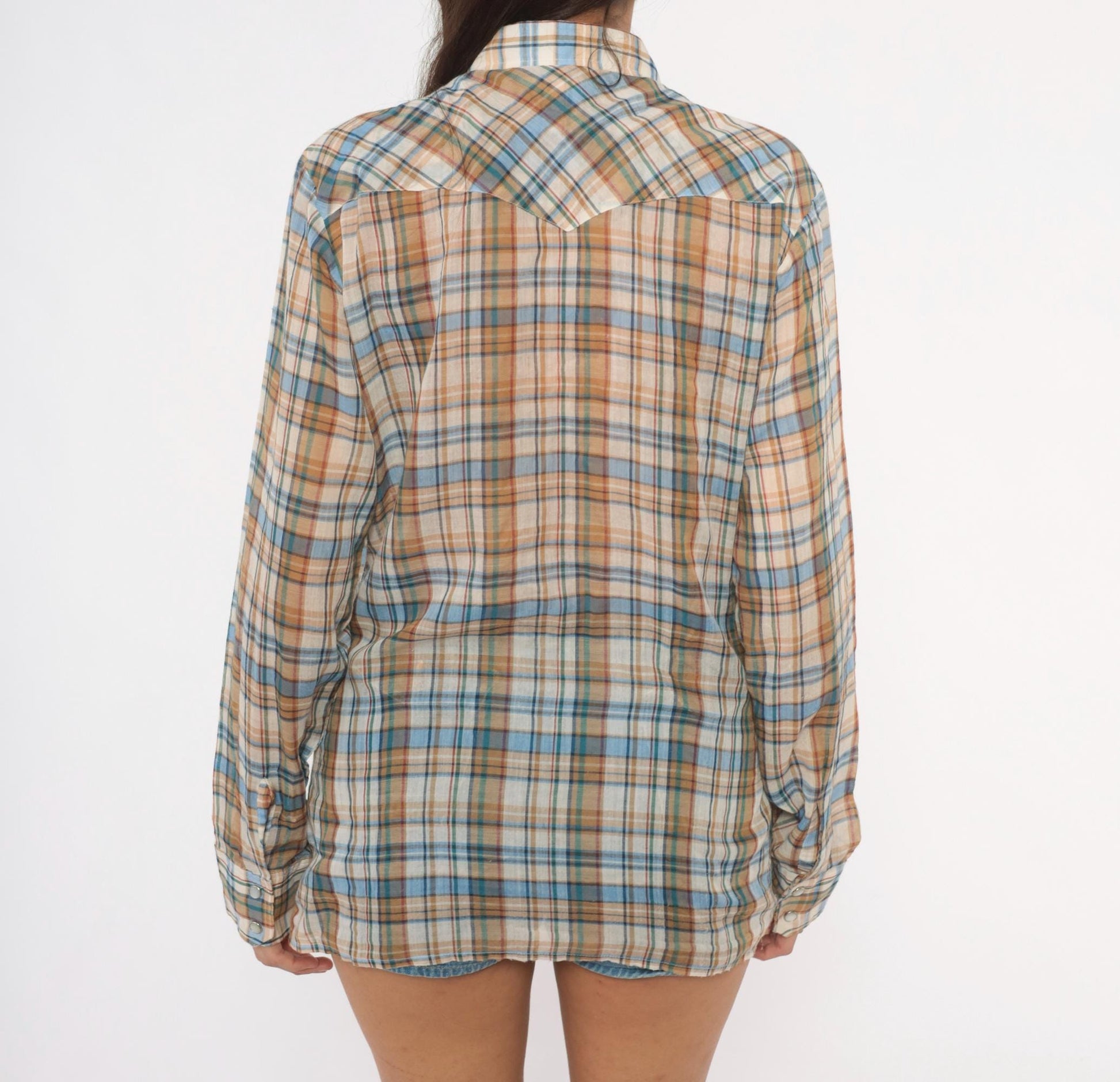 80s Plaid Western Snap Button Shirt Tan Blue Cream Small