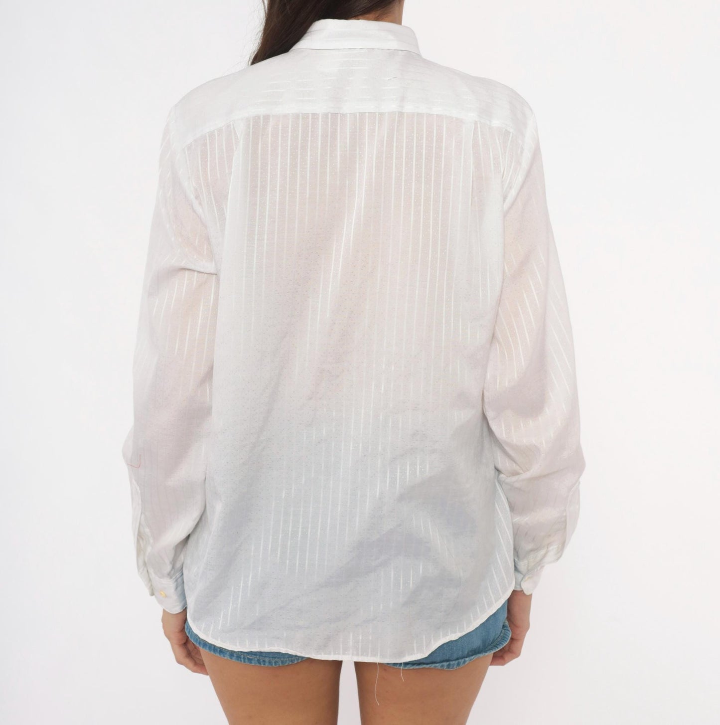 90s Cobble-Lane White Striped Button-Up Blouse Pointed Collar Large L