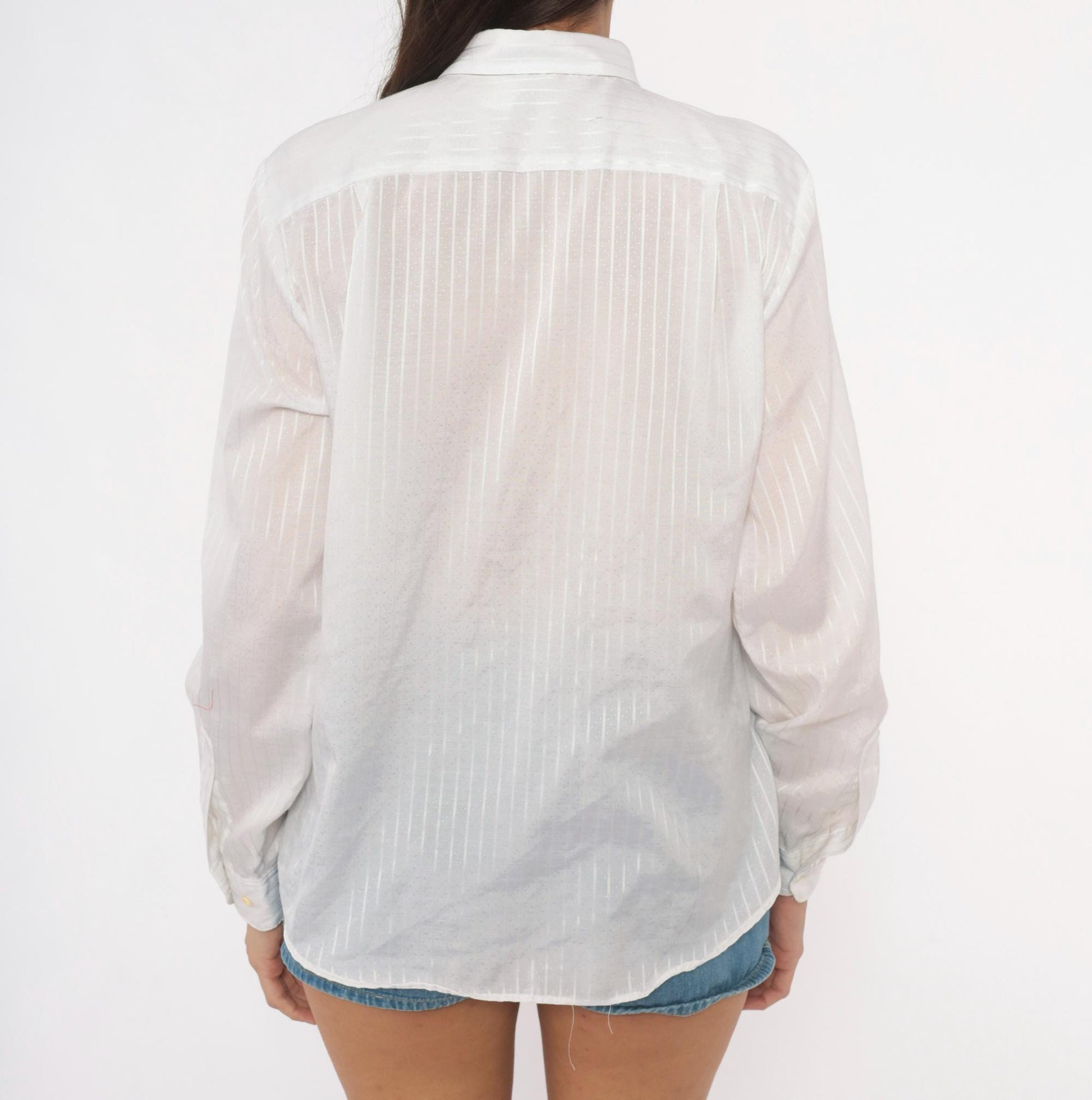 90s Cobble-Lane White Striped Button-Up Blouse Pointed Collar Large L