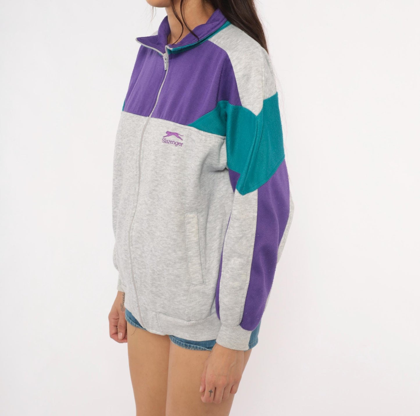 80s Slazenger Colorblock Zip Sweatshirt Purple Grey Teal Small
