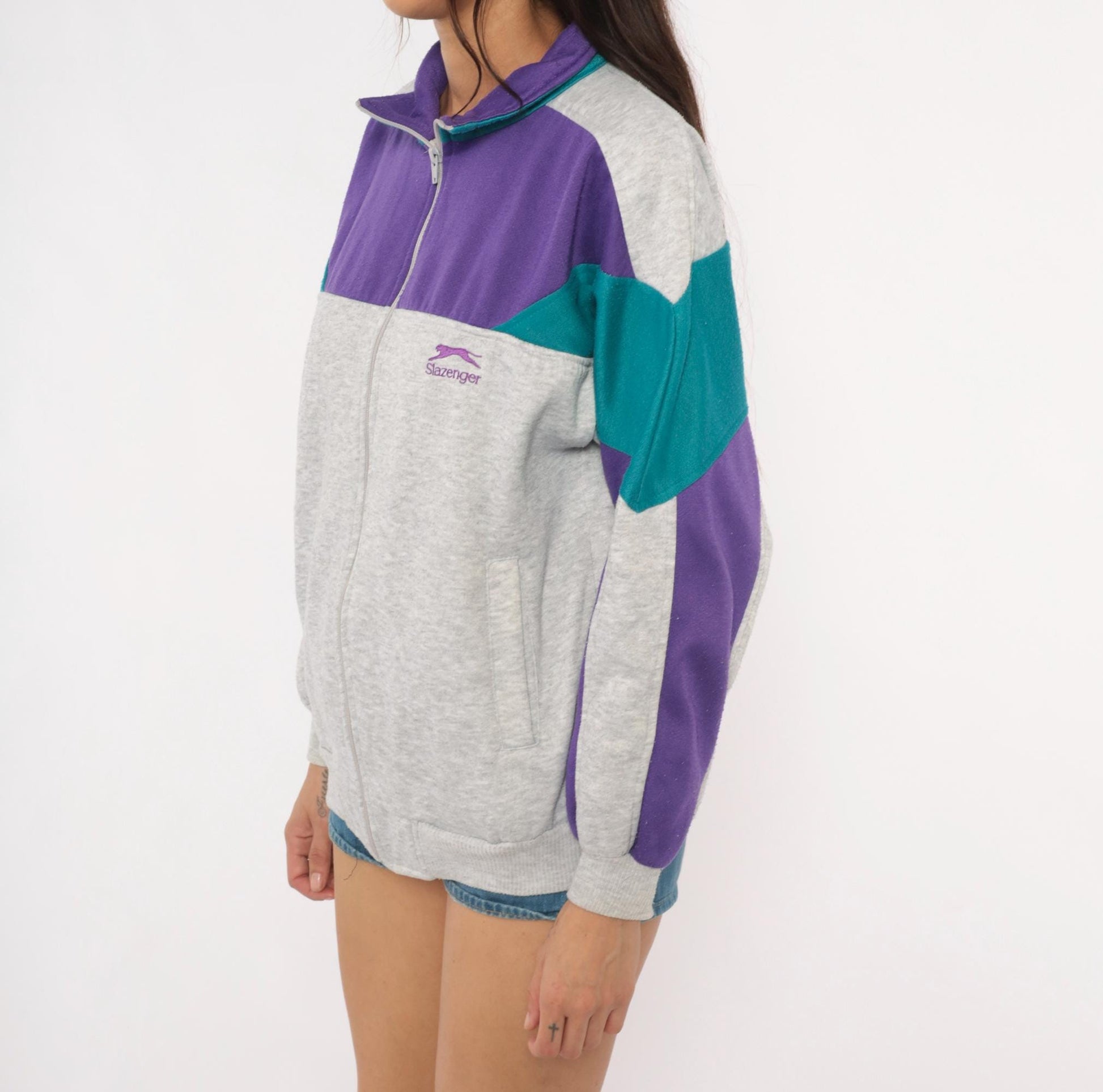80s Slazenger Colorblock Zip Sweatshirt Purple Grey Teal Small